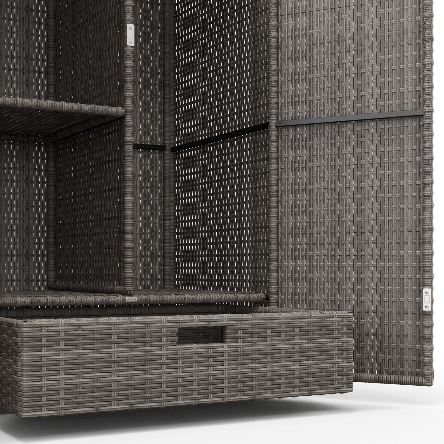 Wicker Outdoor Storage Cabinet with Shelves, 2-Door Rattan Pool Towel Storage Cabinet with Drawer & Removable Shelf, Pool Storage Organizer for Garden, Porch, Dark Grey