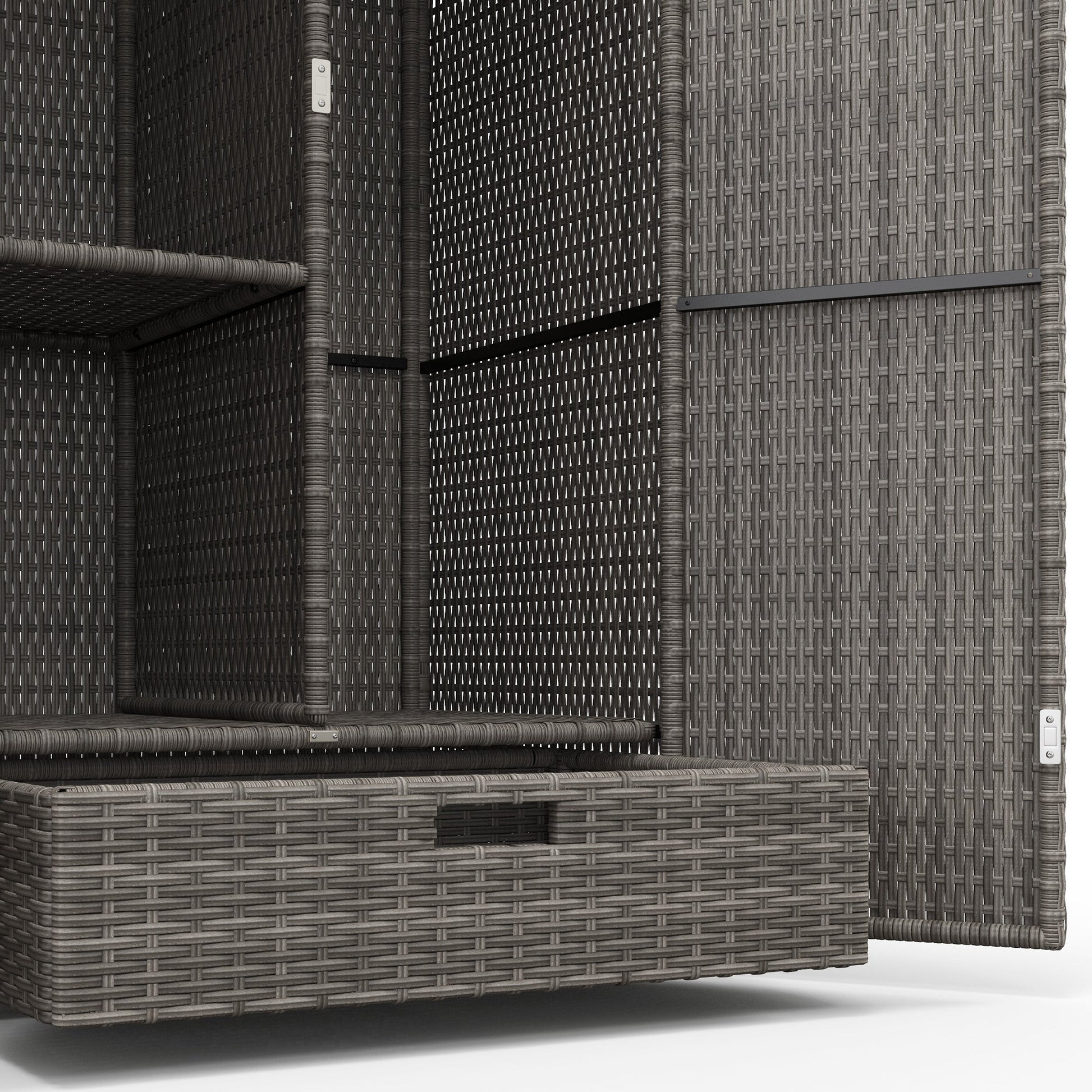 Wicker Outdoor Storage Cabinet with Shelves, 2-Door Rattan Pool Towel Storage Cabinet with Drawer & Removable Shelf, Pool Storage Organizer for Garden, Porch, Dark Grey