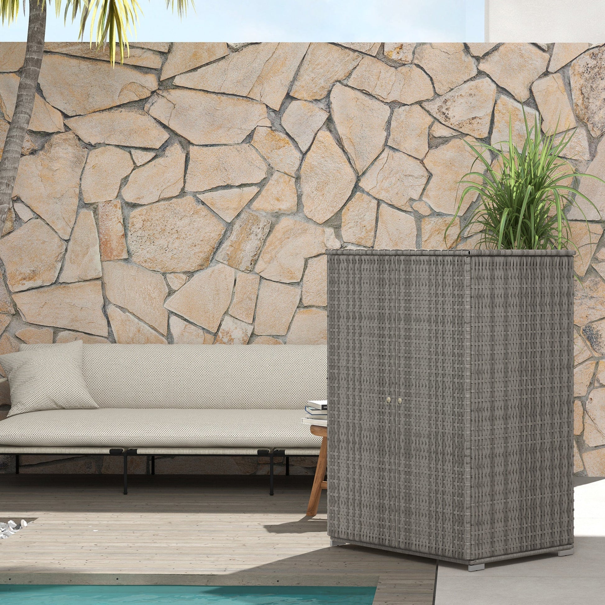 Wicker Outdoor Storage Cabinet with Shelves, 2-Door Rattan Pool Towel Storage Cabinet with Drawer & Removable Shelf, Pool Storage Organizer for Garden, Porch, Dark Grey