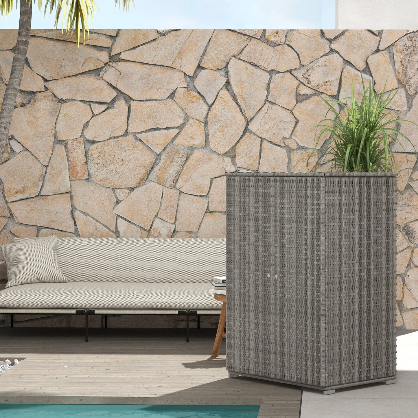 Wicker Outdoor Storage Cabinet with Shelves, 2-Door Rattan Pool Towel Storage Cabinet with Drawer & Removable Shelf, Pool Storage Organizer for Garden, Porch, Dark Grey