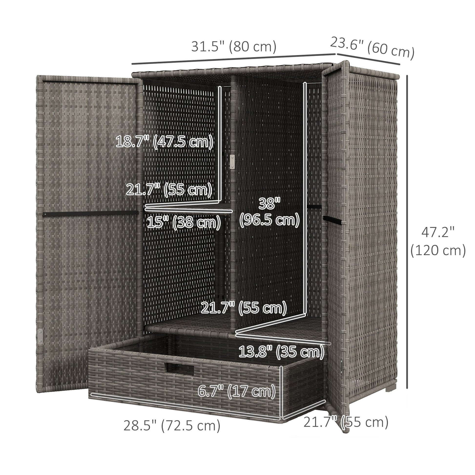 Wicker Outdoor Storage Cabinet with Shelves, 2-Door Rattan Pool Towel Storage Cabinet with Drawer & Removable Shelf, Pool Storage Organizer for Garden, Porch, Dark Grey