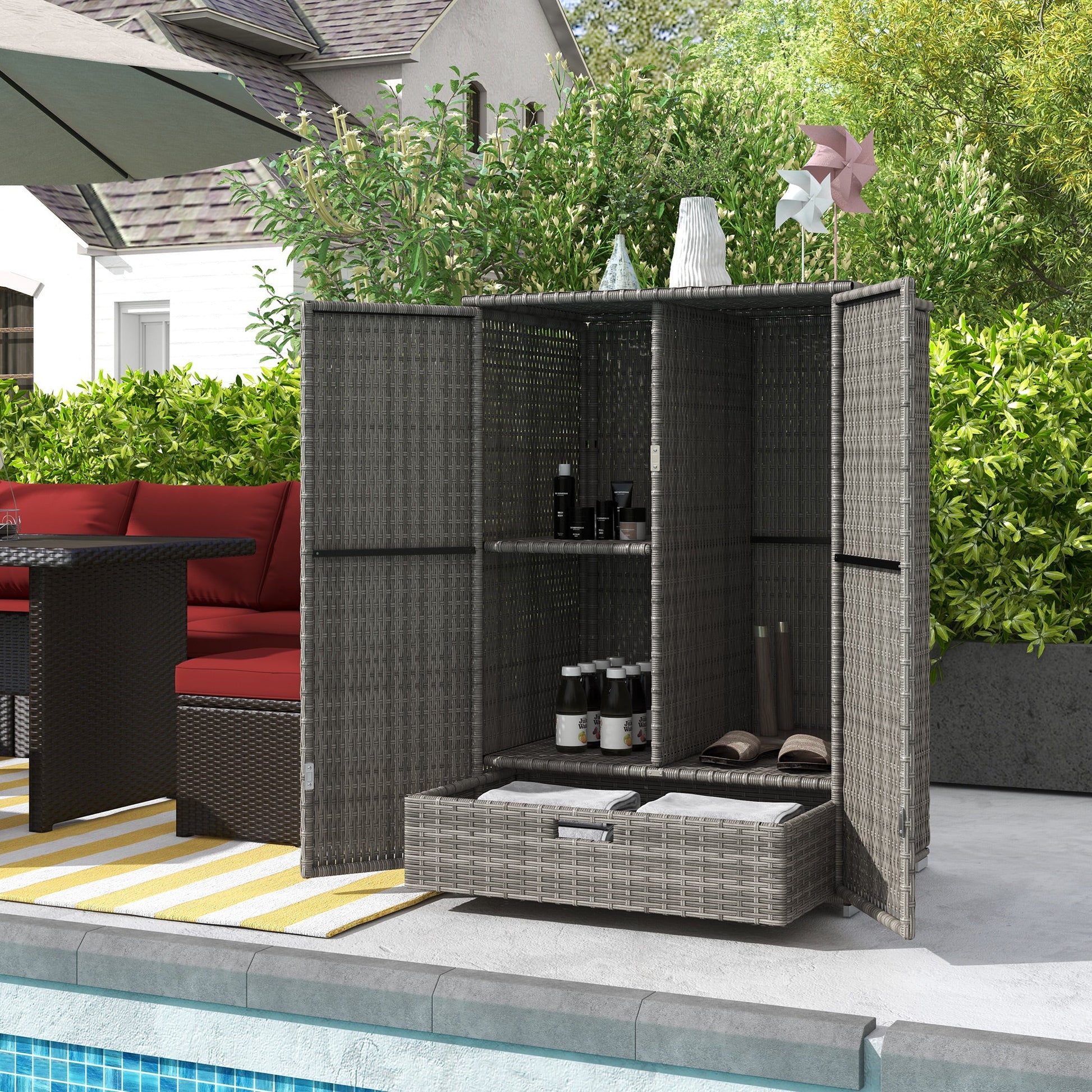 Wicker Outdoor Storage Cabinet with Shelves, 2-Door Rattan Pool Towel Storage Cabinet with Drawer & Removable Shelf, Pool Storage Organizer for Garden, Porch, Dark Grey