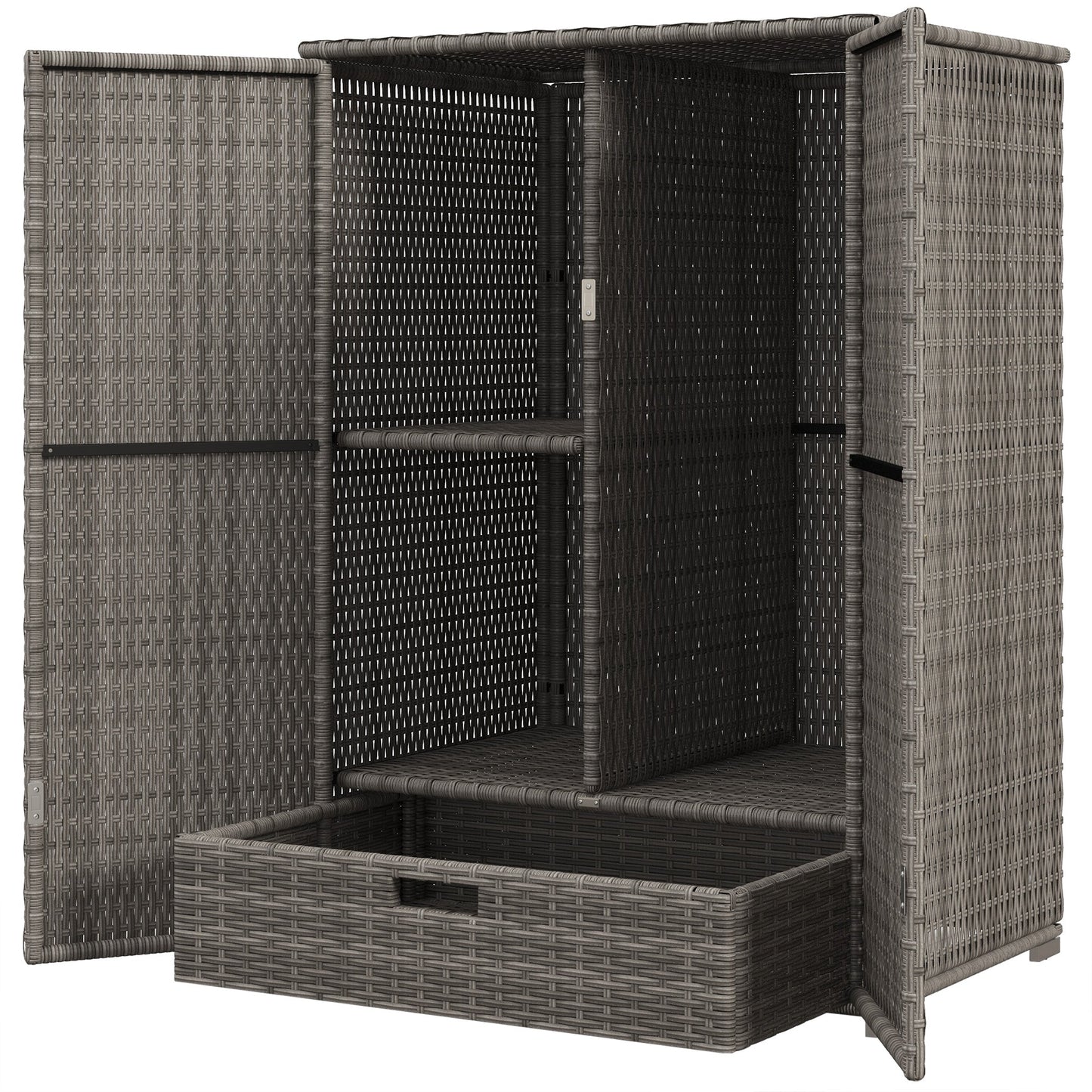 Wicker Outdoor Storage Cabinet with Shelves, 2-Door Rattan Pool Towel Storage Cabinet with Drawer & Removable Shelf, Pool Storage Organizer for Garden, Porch, Dark Grey