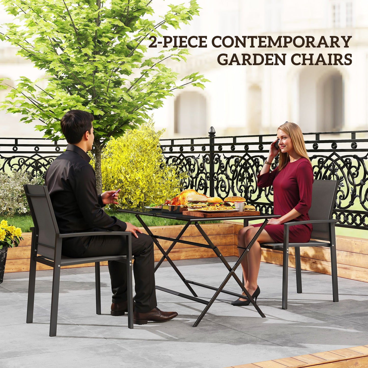 Patio Chairs Set of 2, Stackable Outdoor Patio Dining Chairs with Breathable Mesh Seat and Backrest, Armrests, Steel Frame for Balcony, Backyard, Porch, Dark Grey