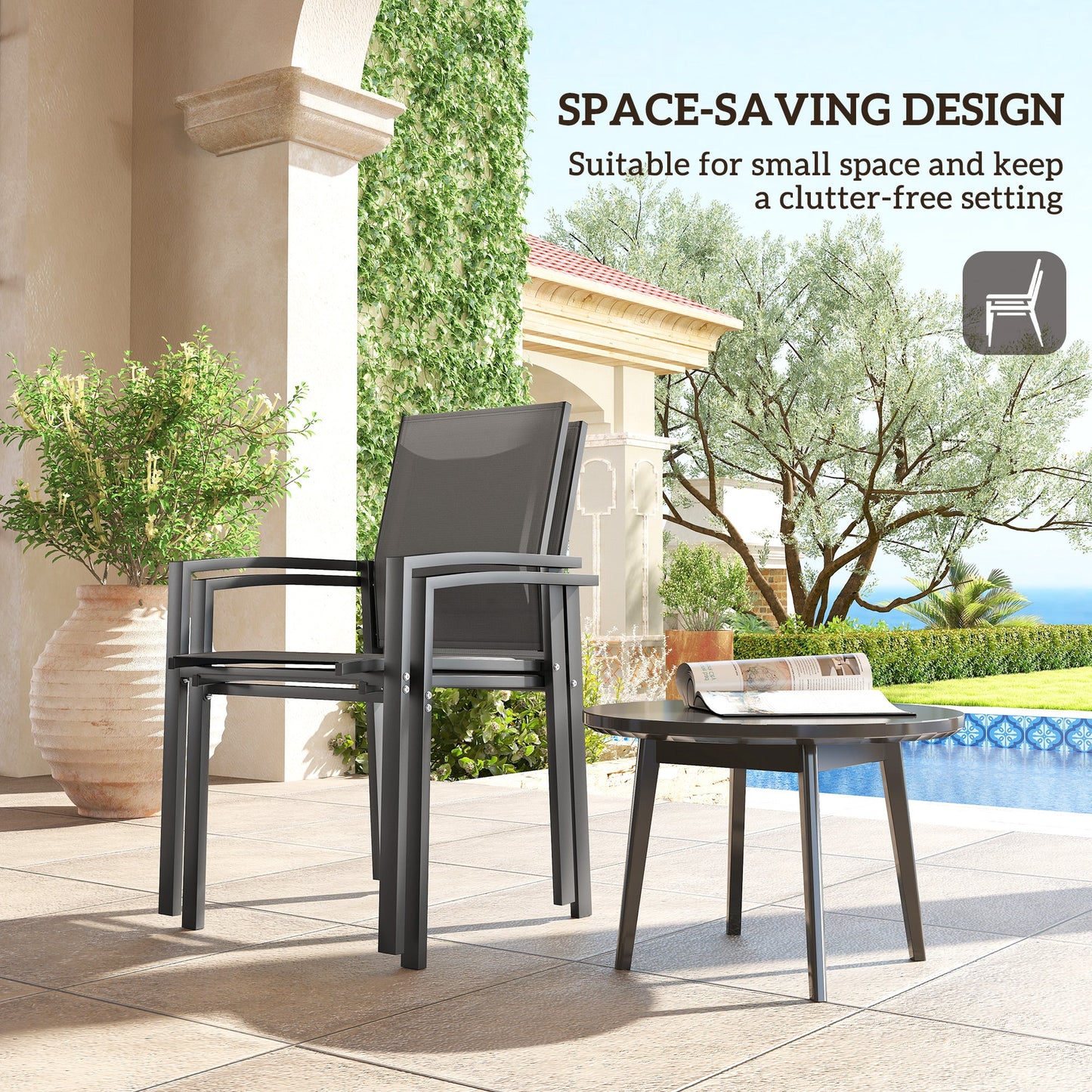 Patio Chairs Set of 2, Stackable Outdoor Patio Dining Chairs with Breathable Mesh Seat and Backrest, Armrests, Steel Frame for Balcony, Backyard, Porch, Dark Grey