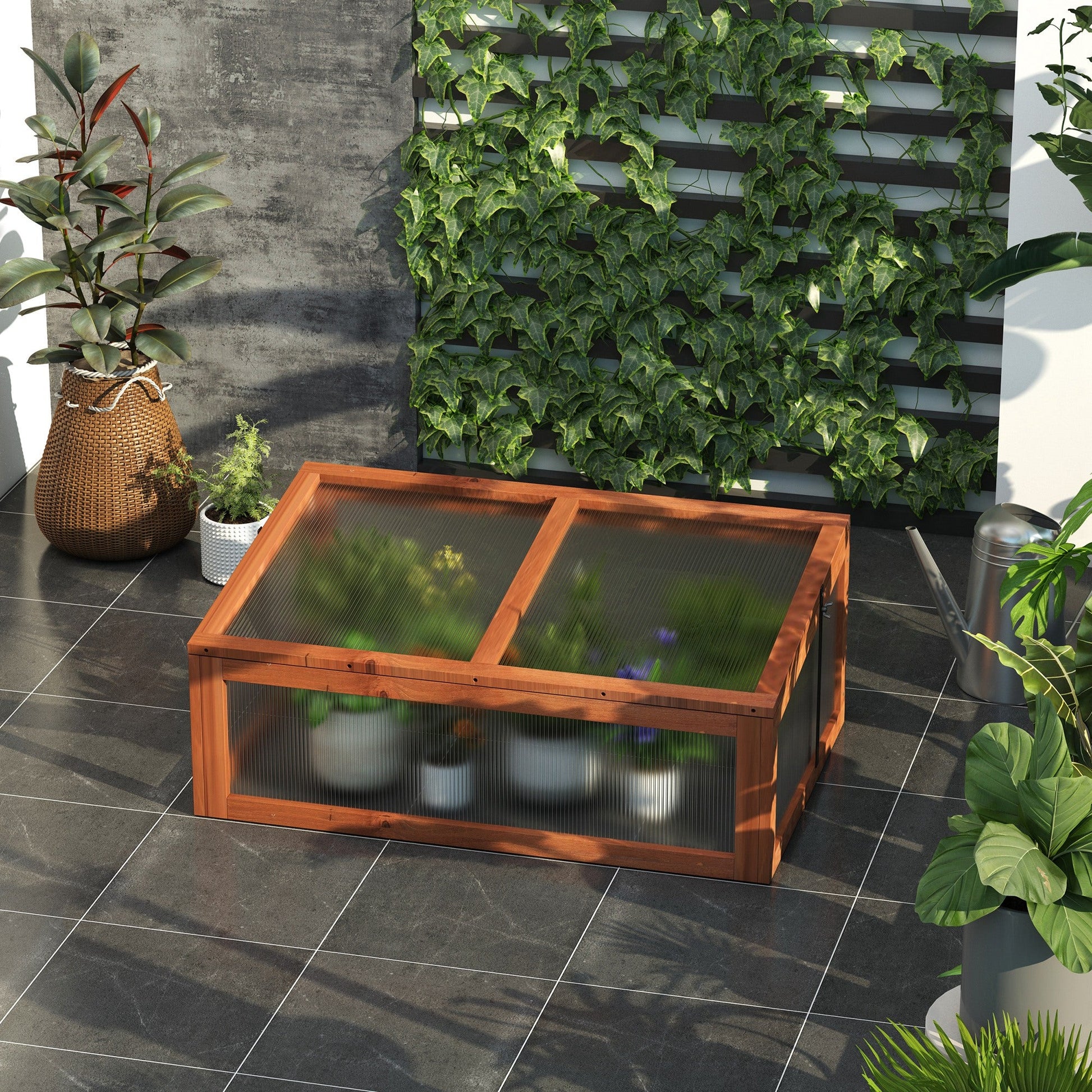 39" x 26" x 16" Wooden Cold Frame with Openable and Tilted Top Cover, Small Polycarbonate Planter Box for Flowers, Vegetables, Plants, Brown