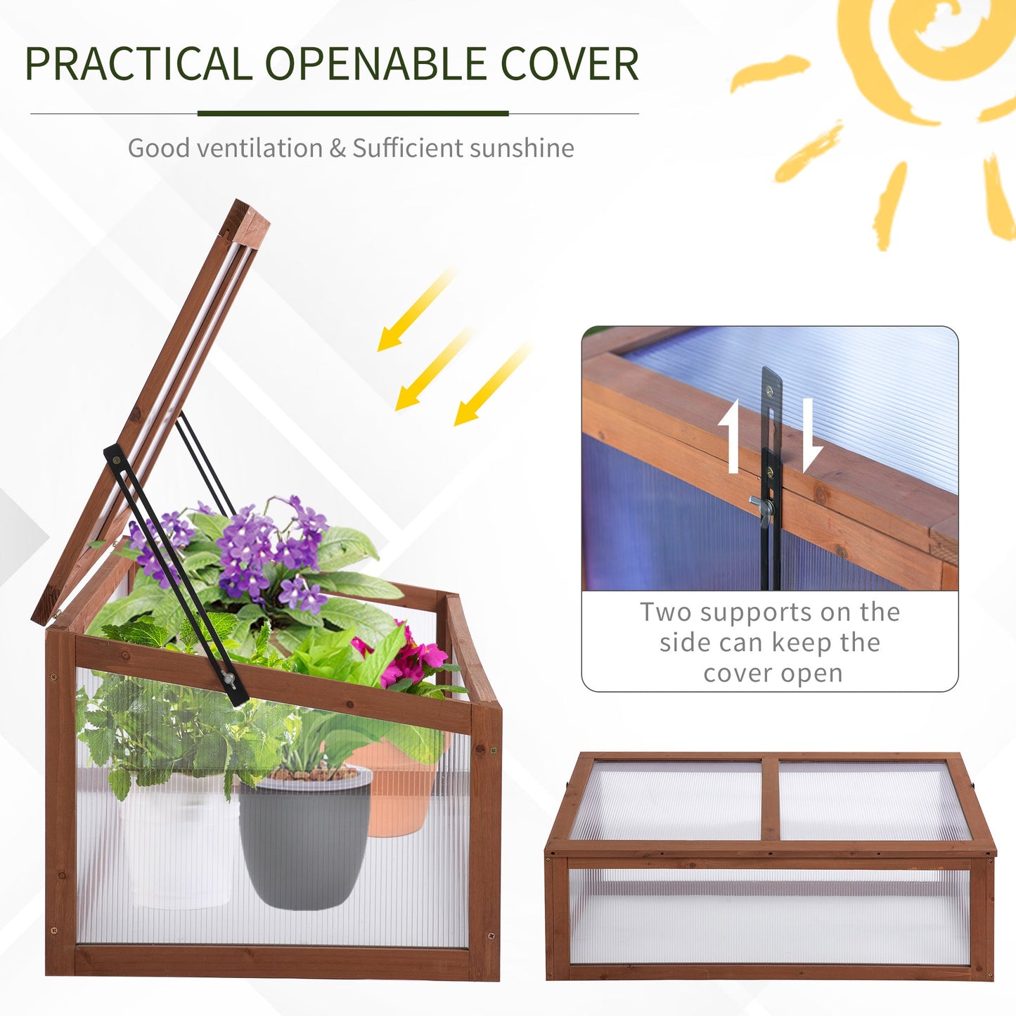 39" x 26" x 16" Wooden Cold Frame with Openable and Tilted Top Cover, Small Polycarbonate Planter Box for Flowers, Vegetables, Plants, Brown