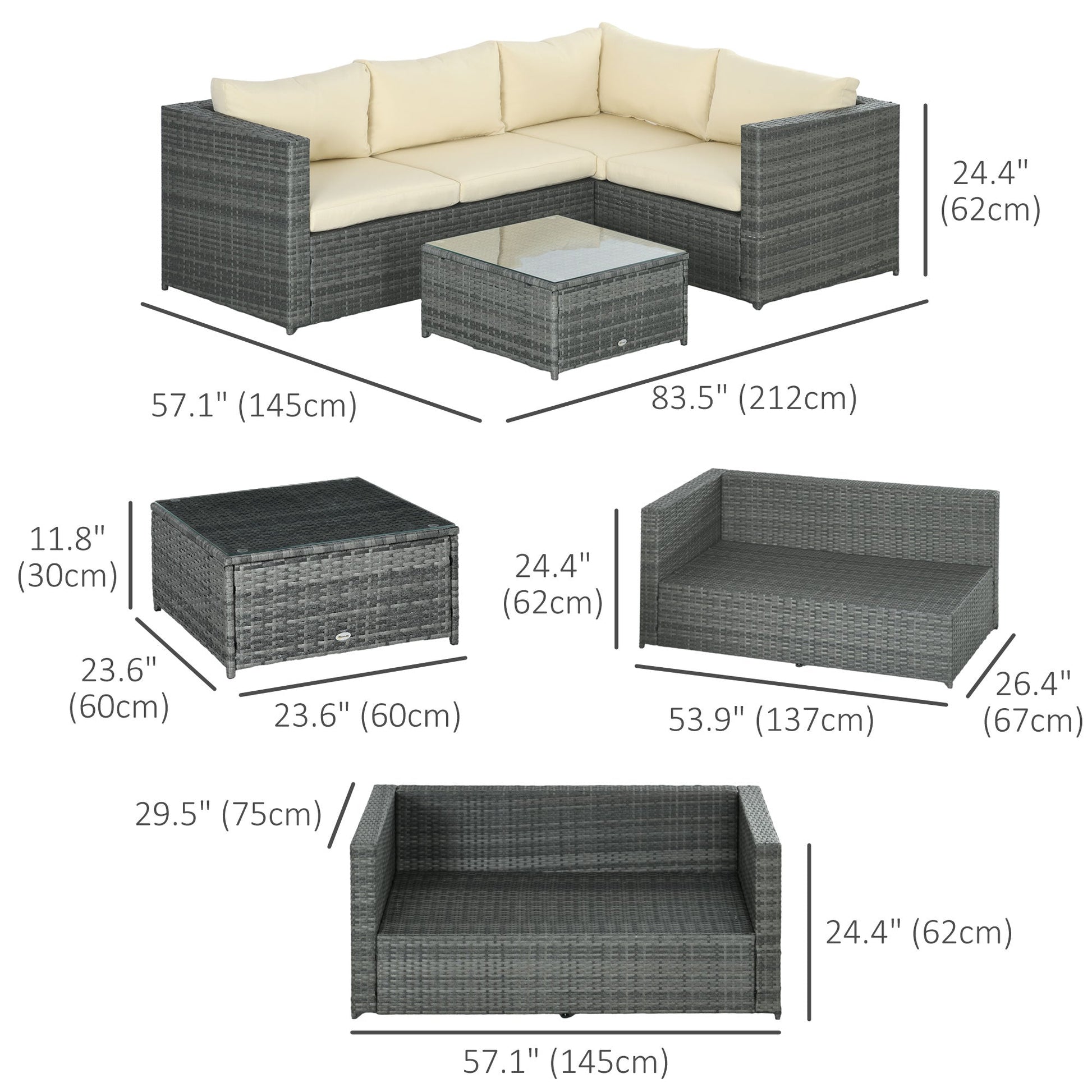 3 Pieces Garden Rattan Furniture Set, 4 Seater Wicker Patio Furniture Outdoor Conversation Set with Loveseats Coffee Table Cushions for Backyard Pool, Beige