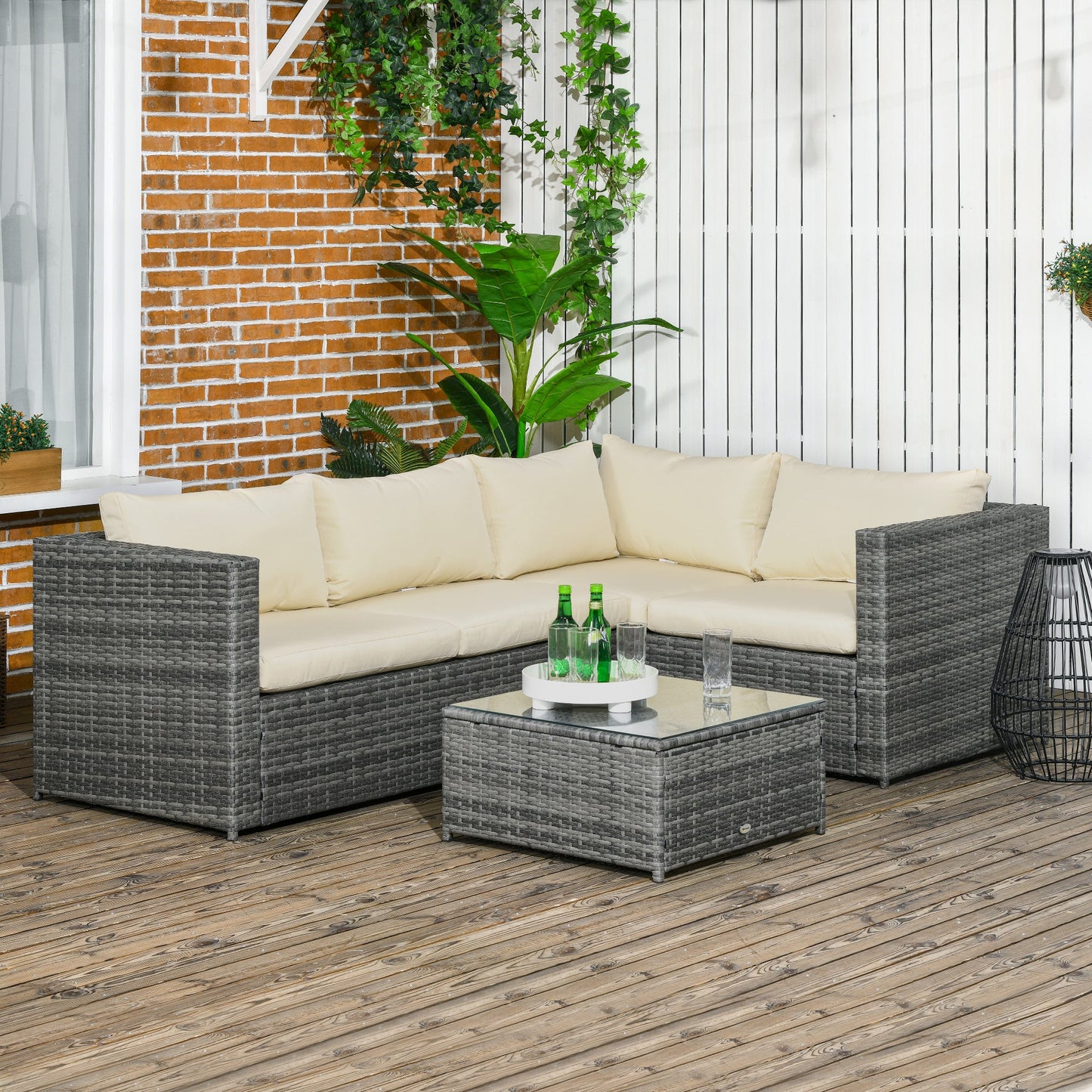 3 Pieces Garden Rattan Furniture Set, 4 Seater Wicker Patio Furniture Outdoor Conversation Set with Loveseats Coffee Table Cushions for Backyard Pool, Beige