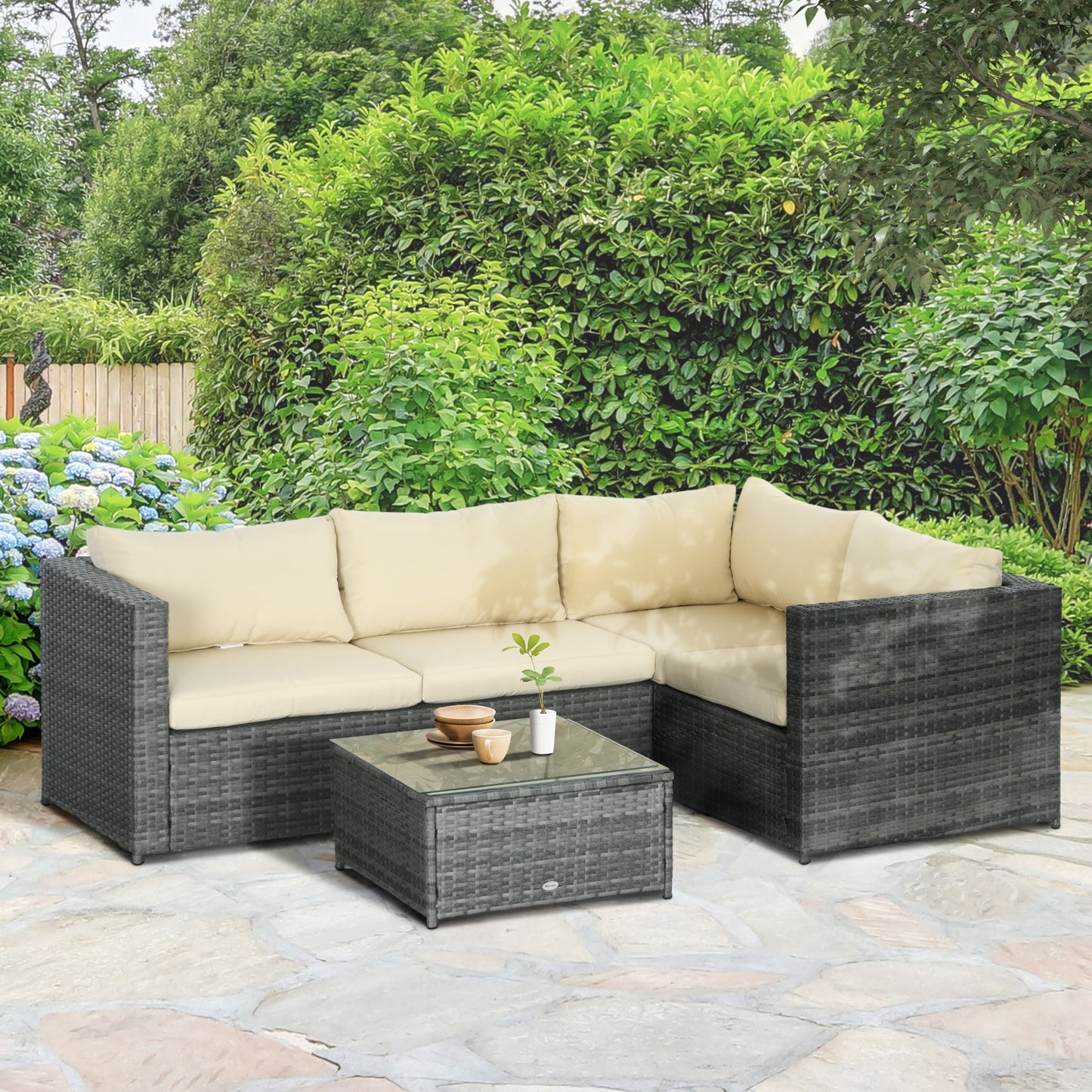 3 Pieces Garden Rattan Furniture Set, 4 Seater Wicker Patio Furniture Outdoor Conversation Set with Loveseats Coffee Table Cushions for Backyard Pool, Beige