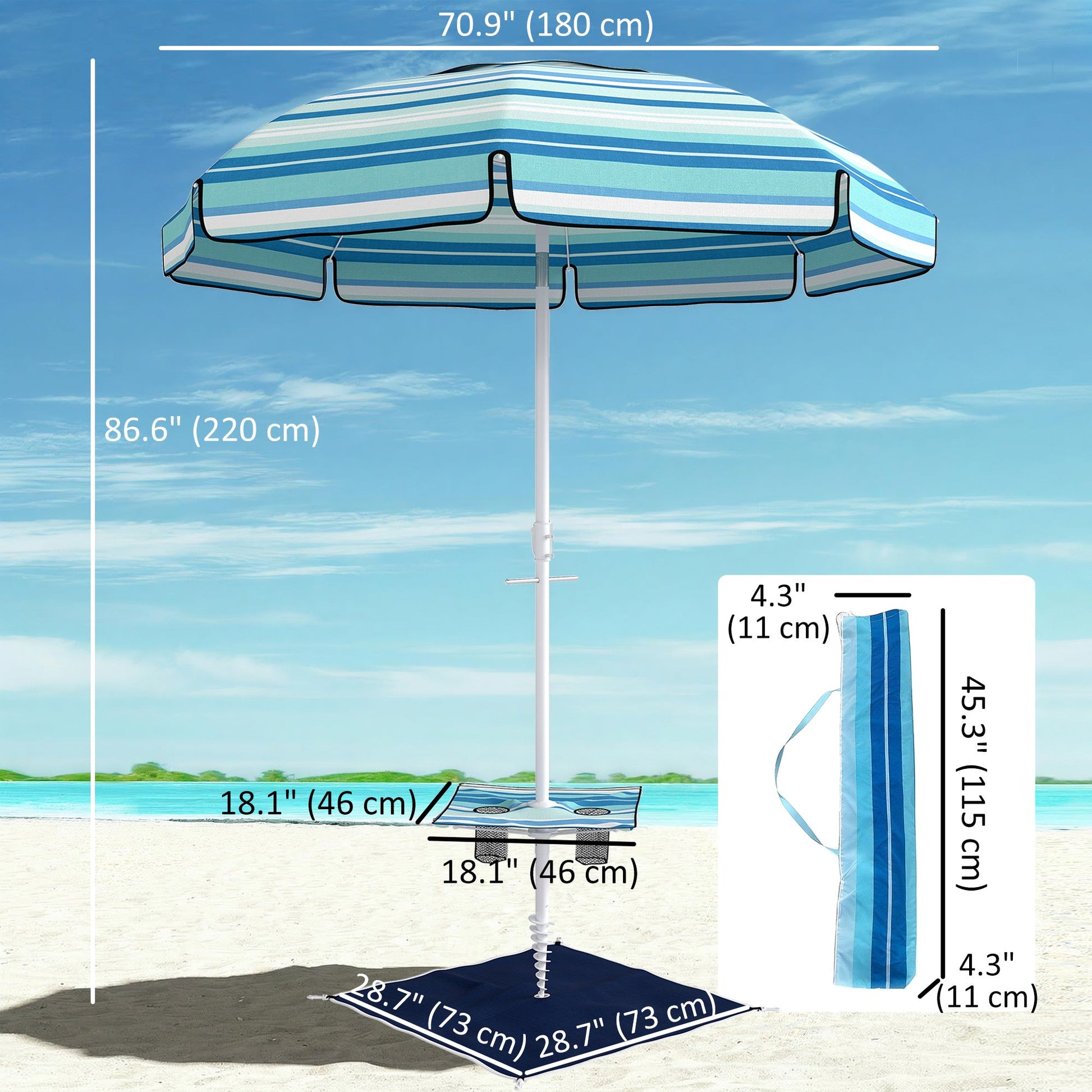 6 ft Portable Beach Umbrella with Foldable Table, Cup Holders, Tilting Outdoor Sun Shade with Sand Anchor, Sandbag, Adjustable Height, Carry Bag, UV Protection, Dark Blue