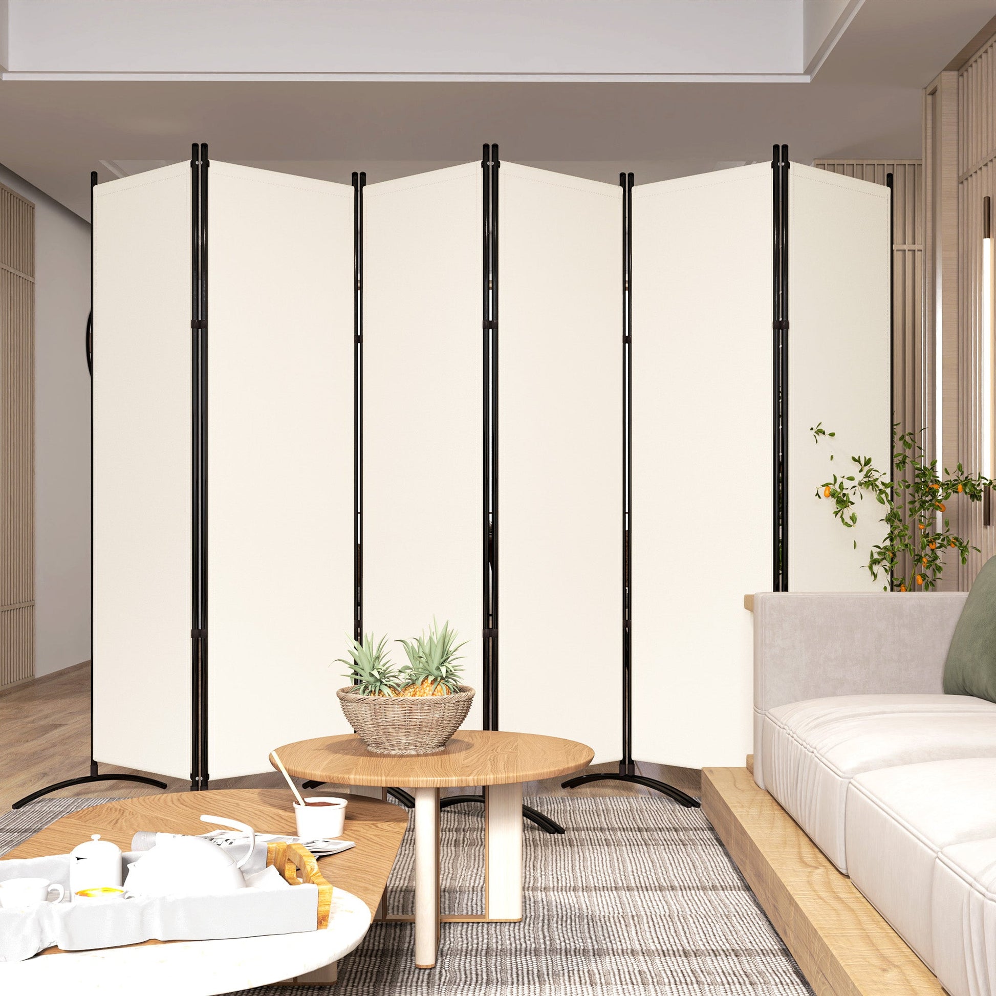 6 Panel Folding Outdoor Privacy Screen, 5.7FT Tall Room Divider with UV30+ Protection, Freestanding Privacy Panel Partition with Stable Base for Indoor Outdoor, Beige