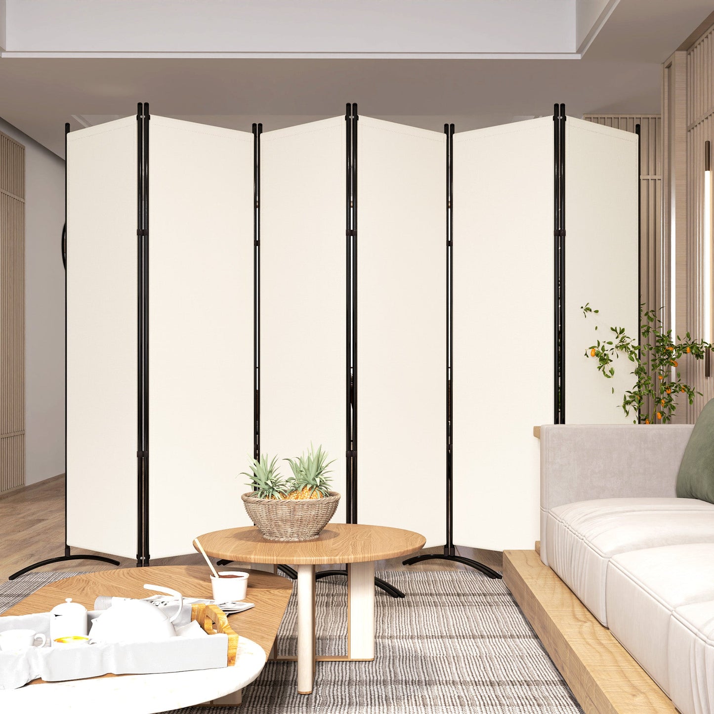 6 Panel Folding Outdoor Privacy Screen, 5.7FT Tall Room Divider with UV30+ Protection, Freestanding Privacy Panel Partition with Stable Base for Indoor Outdoor, Beige