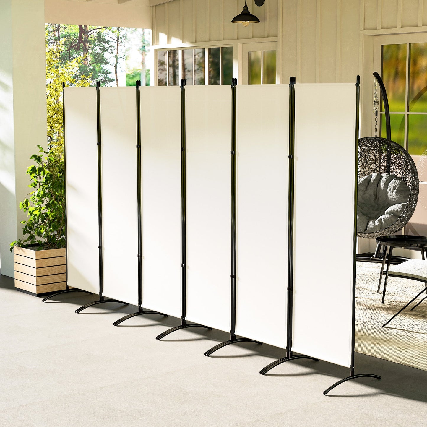 6 Panel Folding Outdoor Privacy Screen, 5.7FT Tall Room Divider with UV30+ Protection, Freestanding Privacy Panel Partition with Stable Base for Indoor Outdoor, Beige