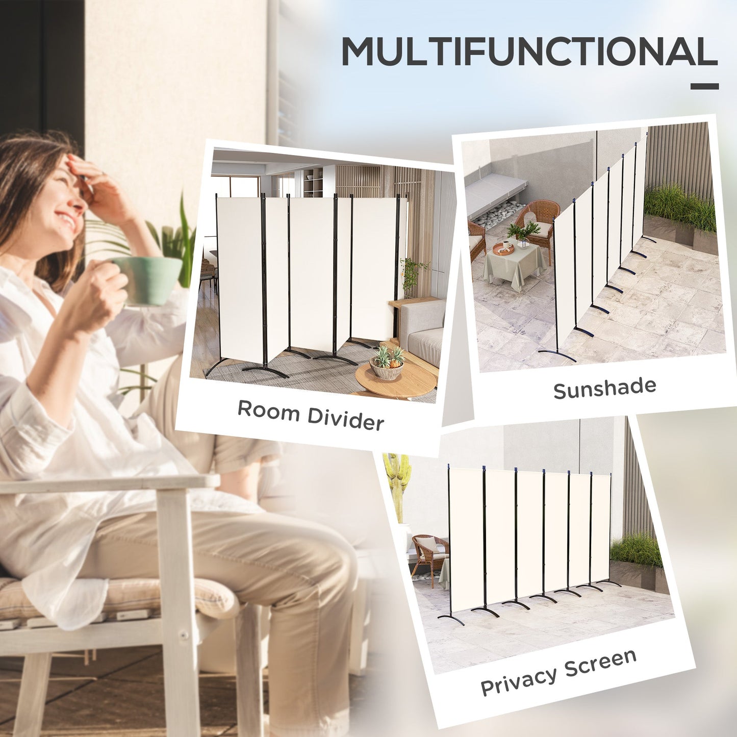 6 Panel Folding Outdoor Privacy Screen, 5.7FT Tall Room Divider with UV30+ Protection, Freestanding Privacy Panel Partition with Stable Base for Indoor Outdoor, Beige