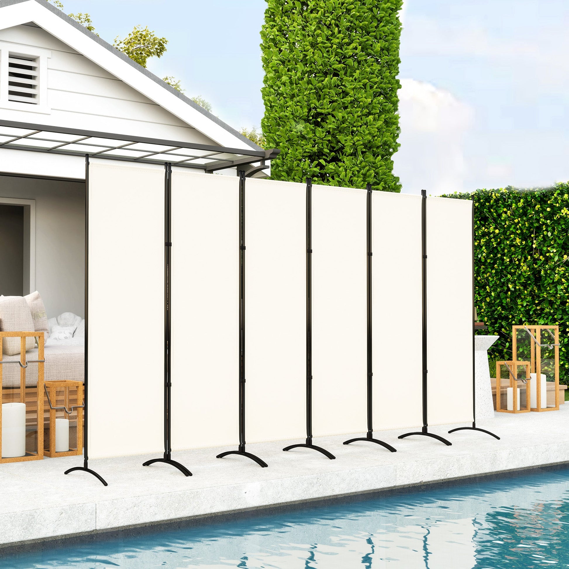 6 Panel Folding Outdoor Privacy Screen, 5.7FT Tall Room Divider with UV30+ Protection, Freestanding Privacy Panel Partition with Stable Base for Indoor Outdoor, Beige