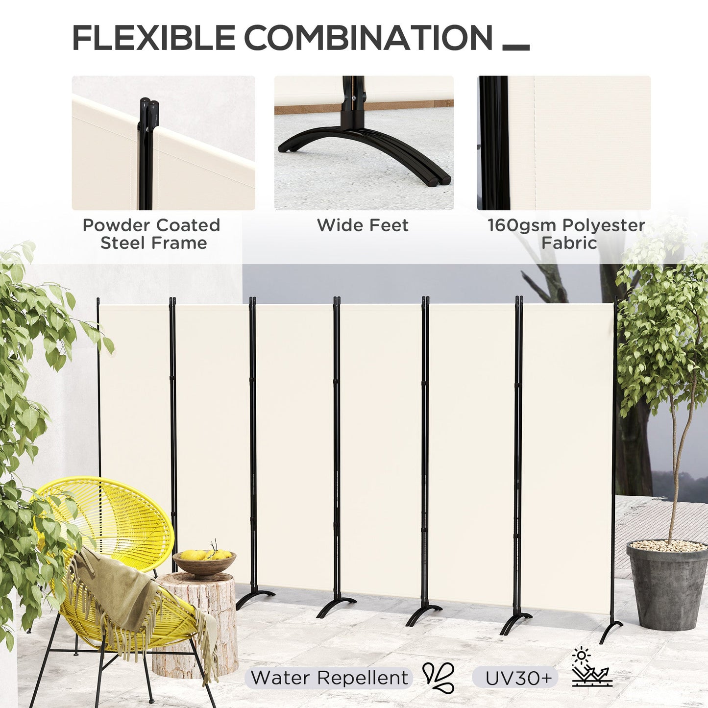 6 Panel Folding Outdoor Privacy Screen, 5.7FT Tall Room Divider with UV30+ Protection, Freestanding Privacy Panel Partition with Stable Base for Indoor Outdoor, Beige