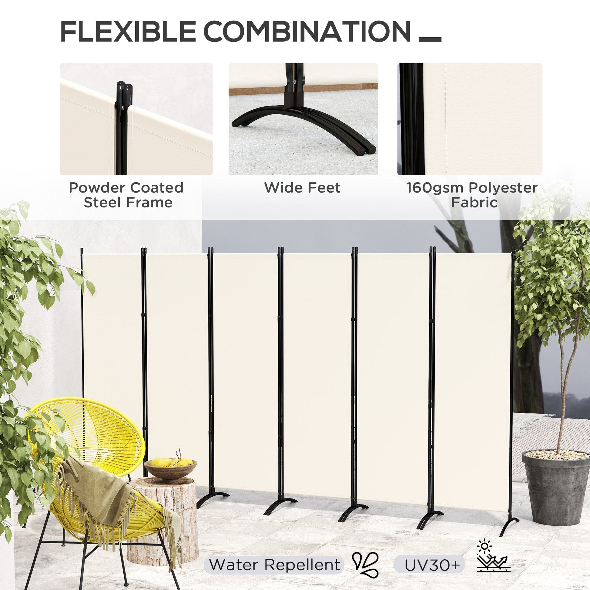 6 Panel Folding Outdoor Privacy Screen, 5.7FT Tall Room Divider with UV30+ Protection, Freestanding Privacy Panel Partition with Stable Base for Indoor Outdoor, Beige