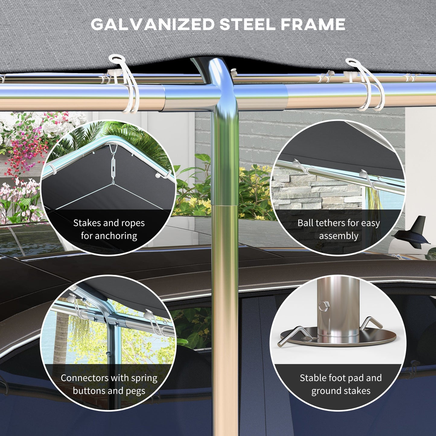 10' x 20' Carport Heavy Duty Galvanized Car Canopy with Included Anchor Kit, 3 Reinforced Steel Cables, Grey