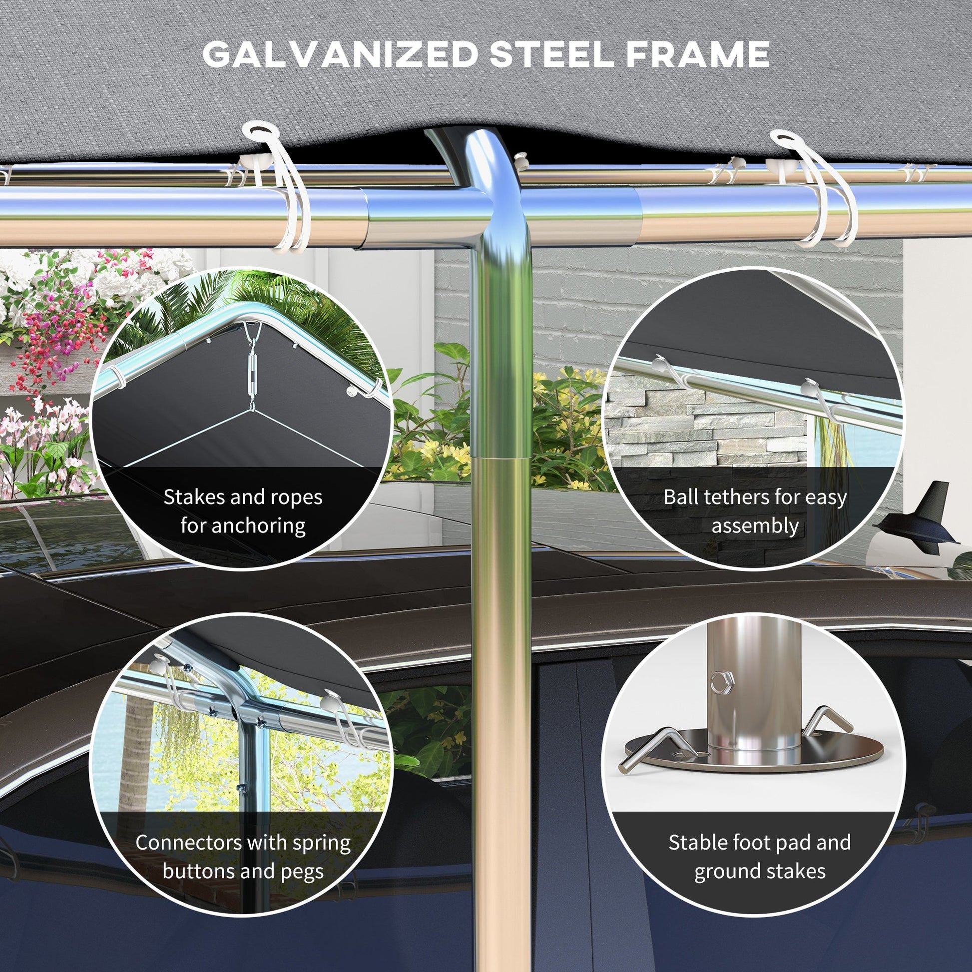 10' x 20' Carport Heavy Duty Galvanized Car Canopy with Included Anchor Kit, 3 Reinforced Steel Cables, Grey