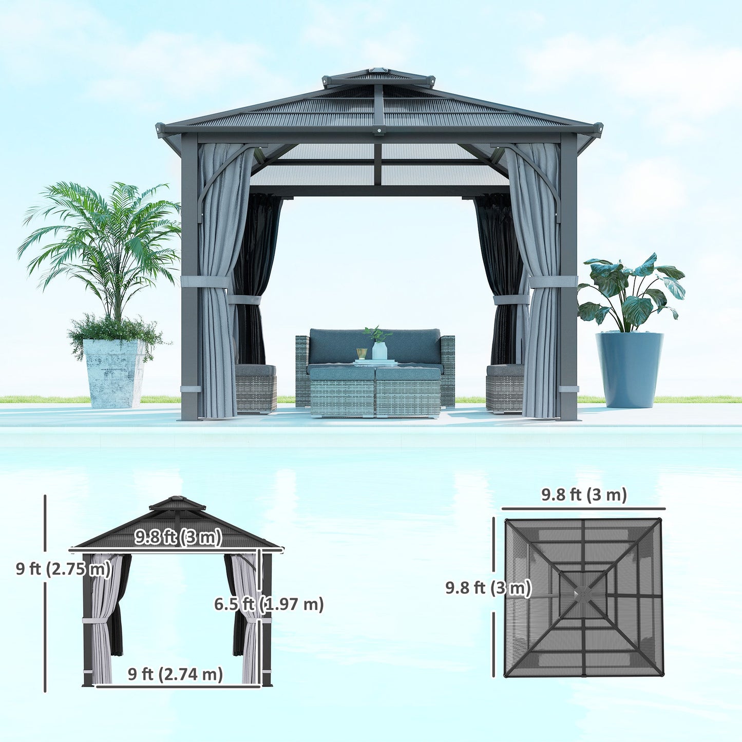 10' x 10' Hardtop Gazebo Canopy with 7mm Double Polycarbonate Roof, Outdoor Gazebo Permanent Pavilion with Netting and Curtains for Patio, Garden, Backyard, Lawn, Deck