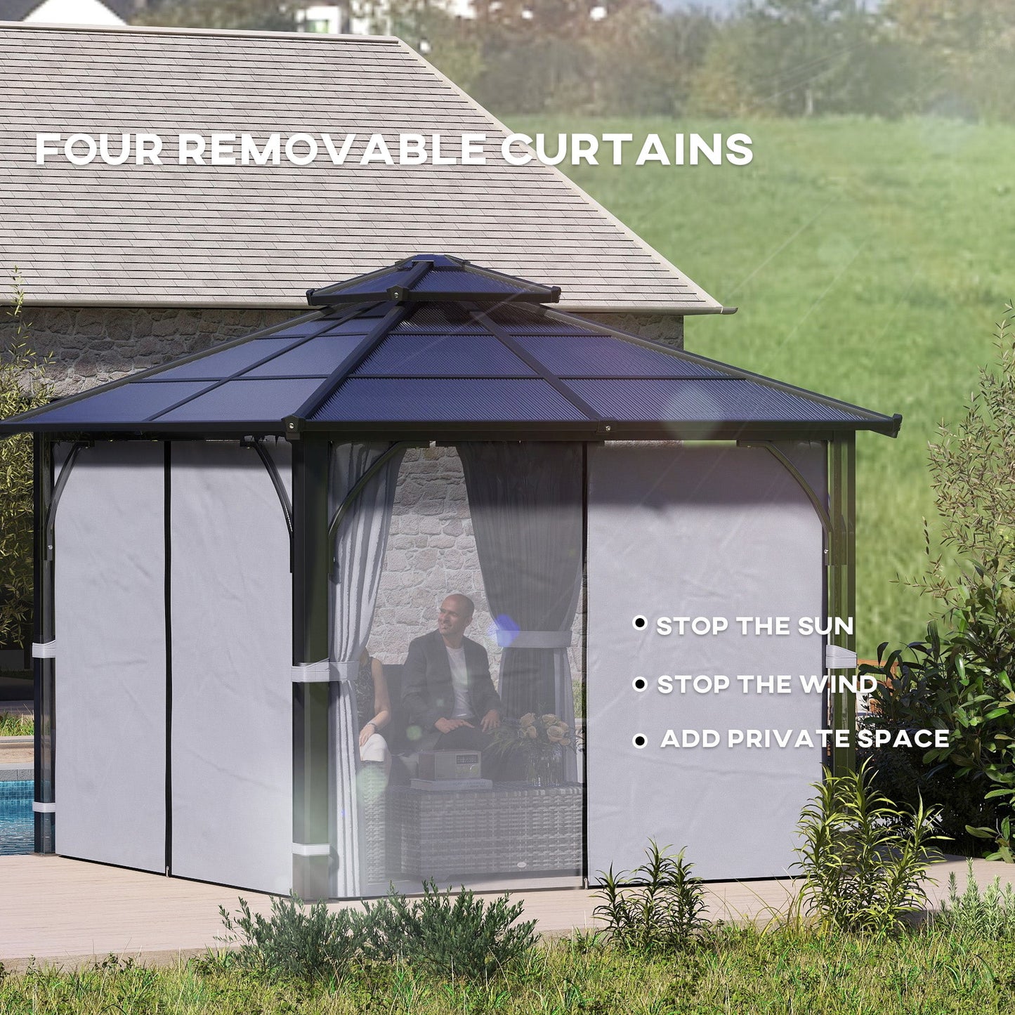 10' x 10' Hardtop Gazebo Canopy with 7mm Double Polycarbonate Roof, Outdoor Gazebo Permanent Pavilion with Netting and Curtains for Patio, Garden, Backyard, Lawn, Deck