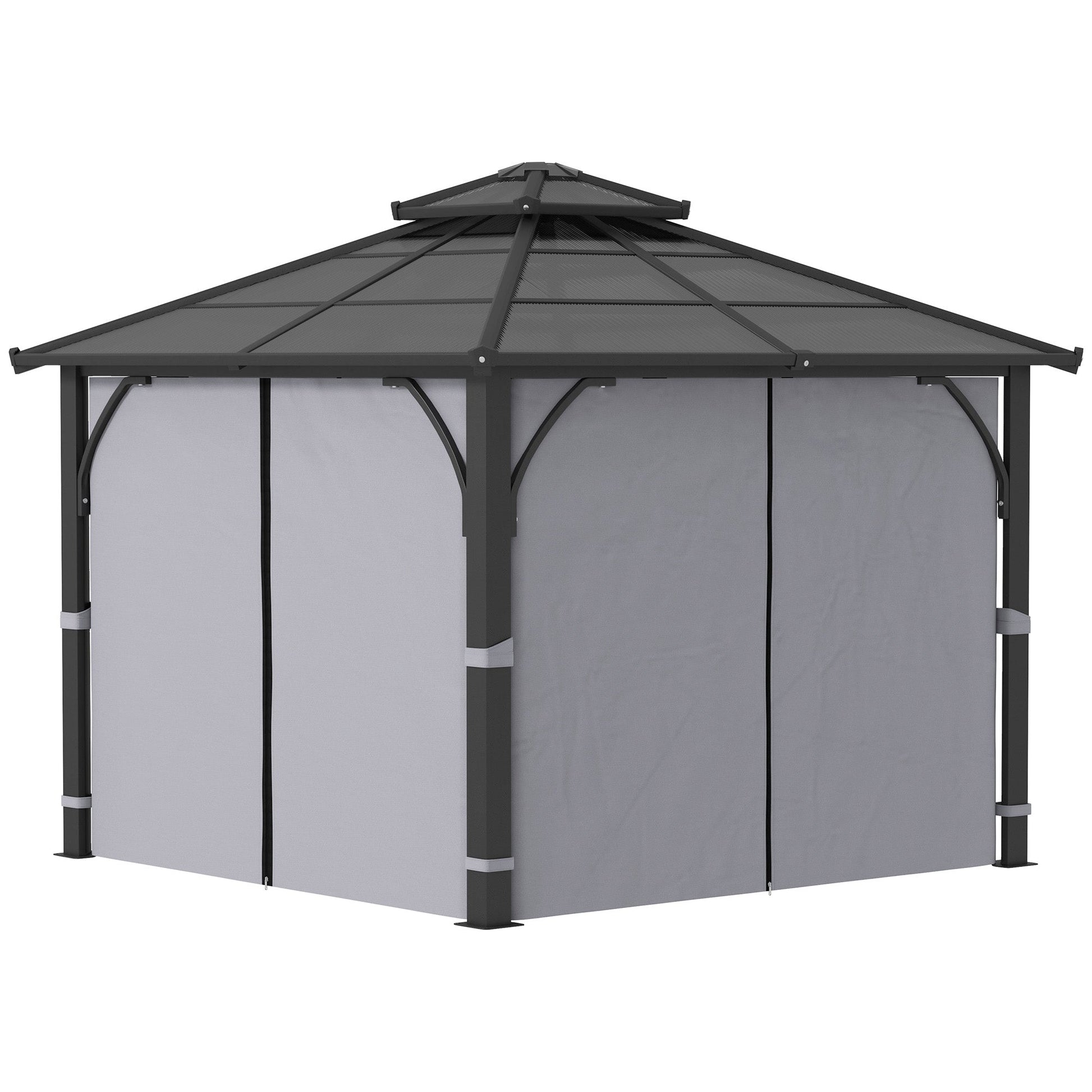 10' x 10' Hardtop Gazebo Canopy with 7mm Double Polycarbonate Roof, Outdoor Gazebo Permanent Pavilion with Netting and Curtains for Patio, Garden, Backyard, Lawn, Deck