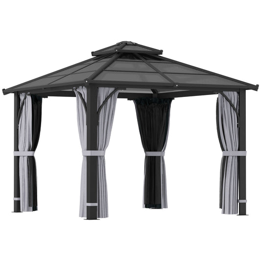 10' x 10' Hardtop Gazebo Canopy with 7mm Double Polycarbonate Roof, Outdoor Gazebo Permanent Pavilion with Netting and Curtains for Patio, Garden, Backyard, Lawn, Deck