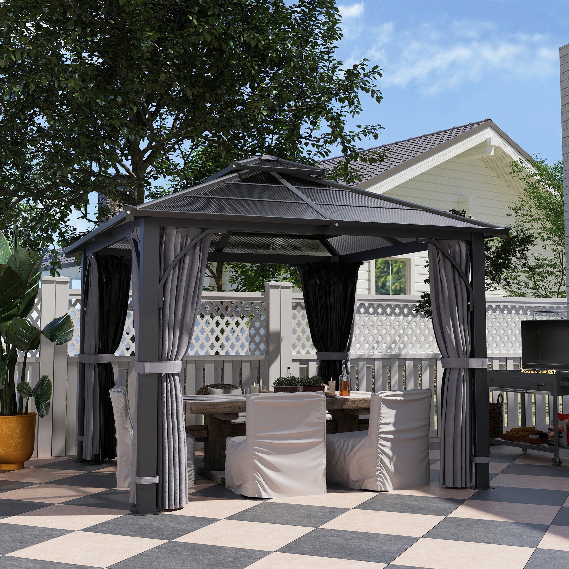 10' x 10' Hardtop Gazebo Canopy with 7mm Double Polycarbonate Roof, Outdoor Gazebo Permanent Pavilion with Netting and Curtains for Patio, Garden, Backyard, Lawn, Deck