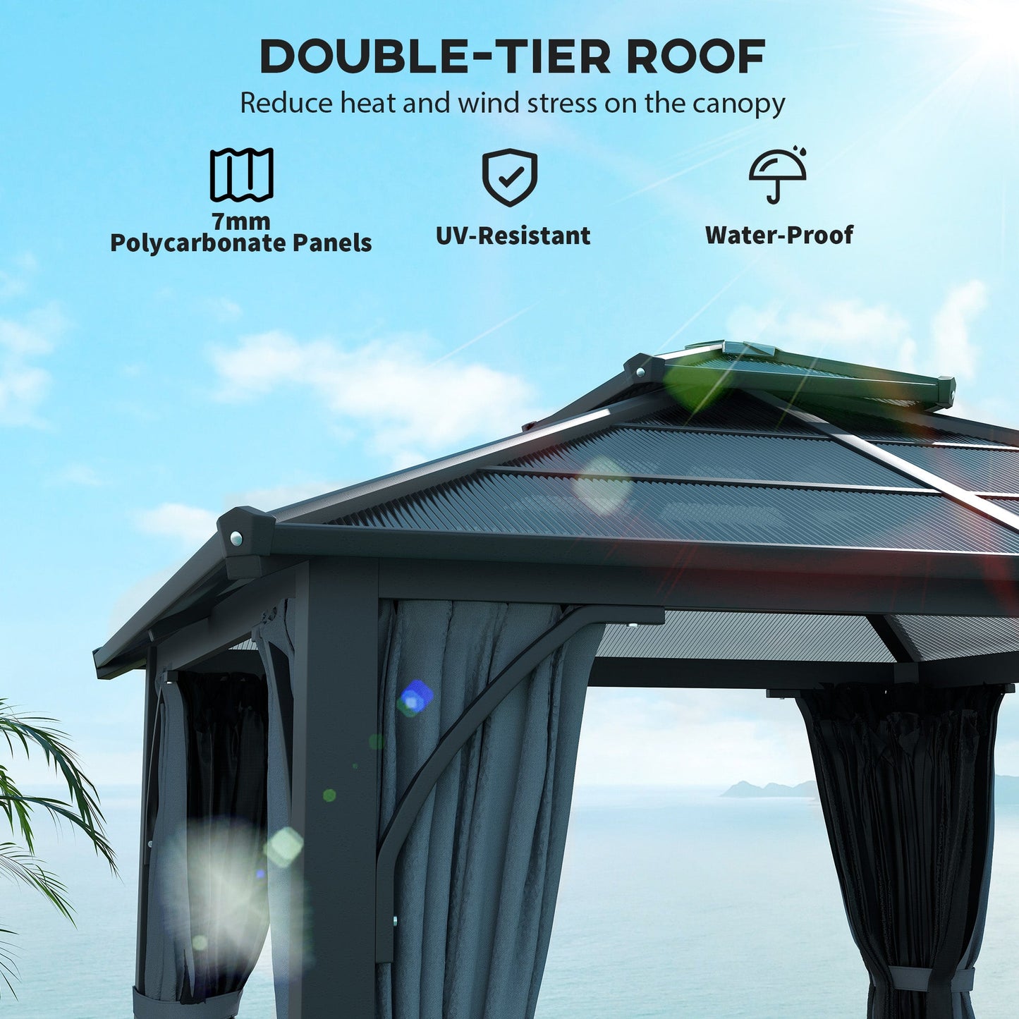 10' x 10' Hardtop Gazebo Canopy with 7mm Double Polycarbonate Roof, Outdoor Gazebo Permanent Pavilion with Netting and Curtains for Patio, Garden, Backyard, Lawn, Deck