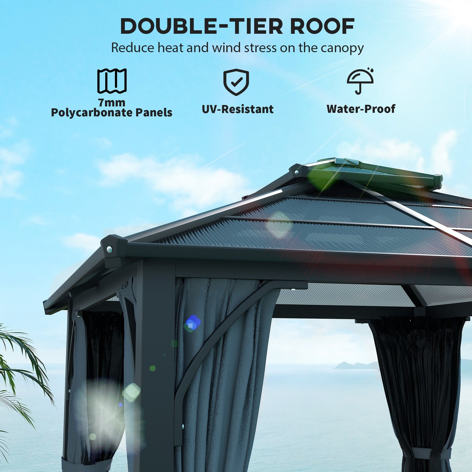 10' x 10' Hardtop Gazebo Canopy with 7mm Double Polycarbonate Roof, Outdoor Gazebo Permanent Pavilion with Netting and Curtains for Patio, Garden, Backyard, Lawn, Deck