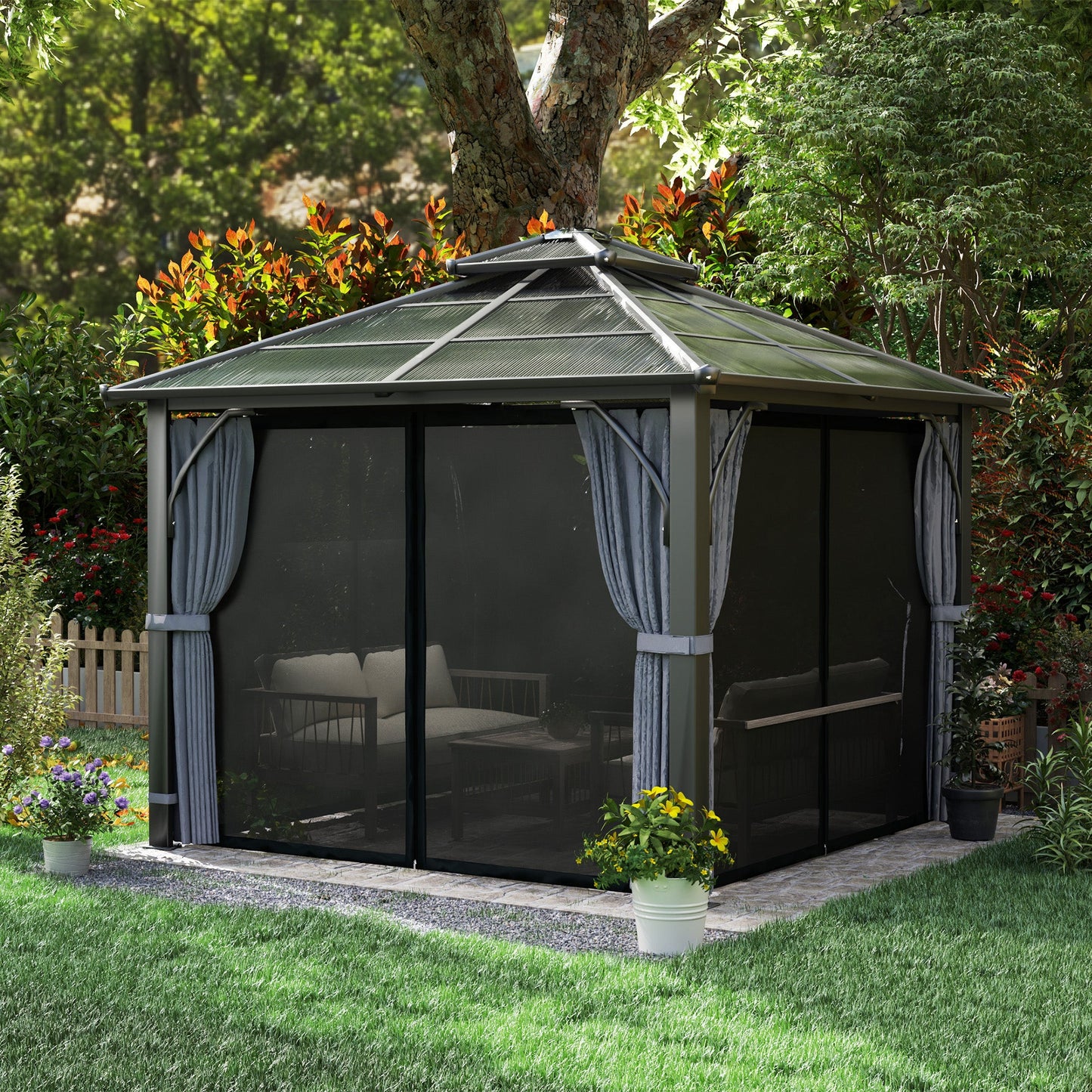 10' x 10' Hardtop Gazebo Canopy with 7mm Double Polycarbonate Roof, Outdoor Gazebo Permanent Pavilion with Netting and Curtains for Patio, Garden, Backyard, Lawn, Deck