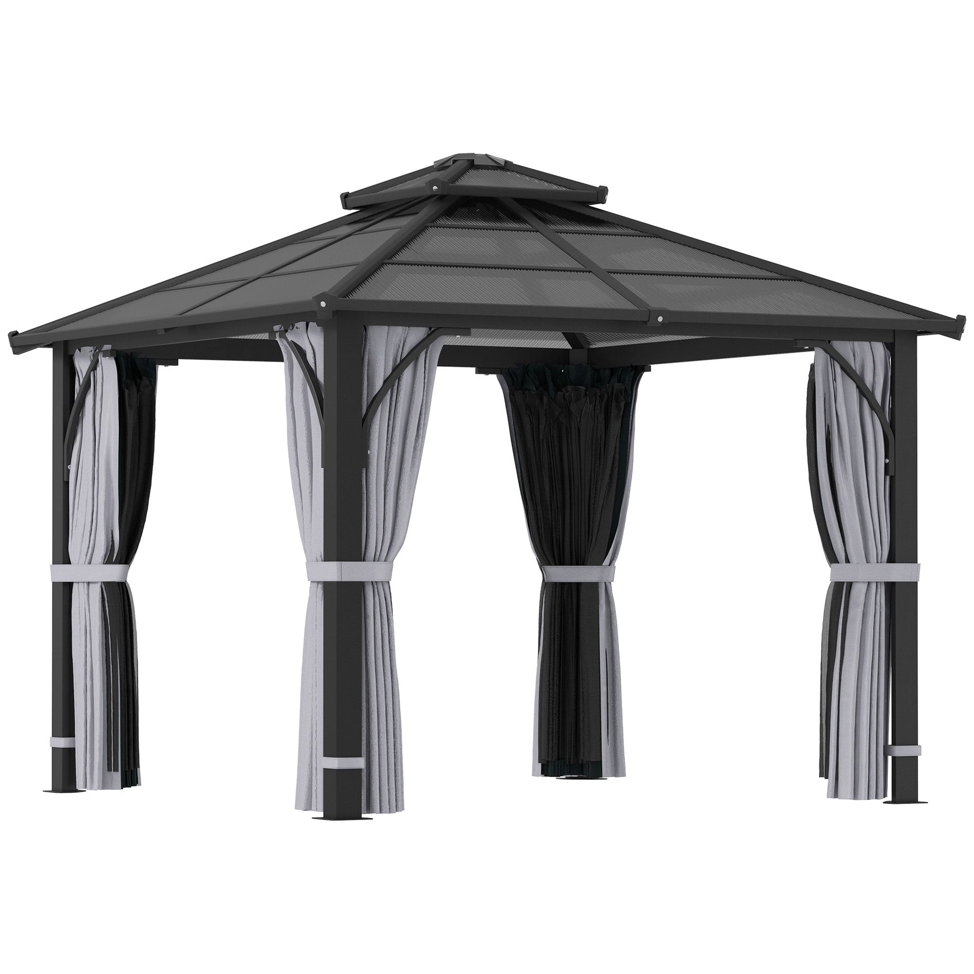 10' x 10' Hardtop Gazebo Canopy with 7mm Double Polycarbonate Roof, Outdoor Gazebo Permanent Pavilion with Netting and Curtains for Patio, Garden, Backyard, Lawn, Deck