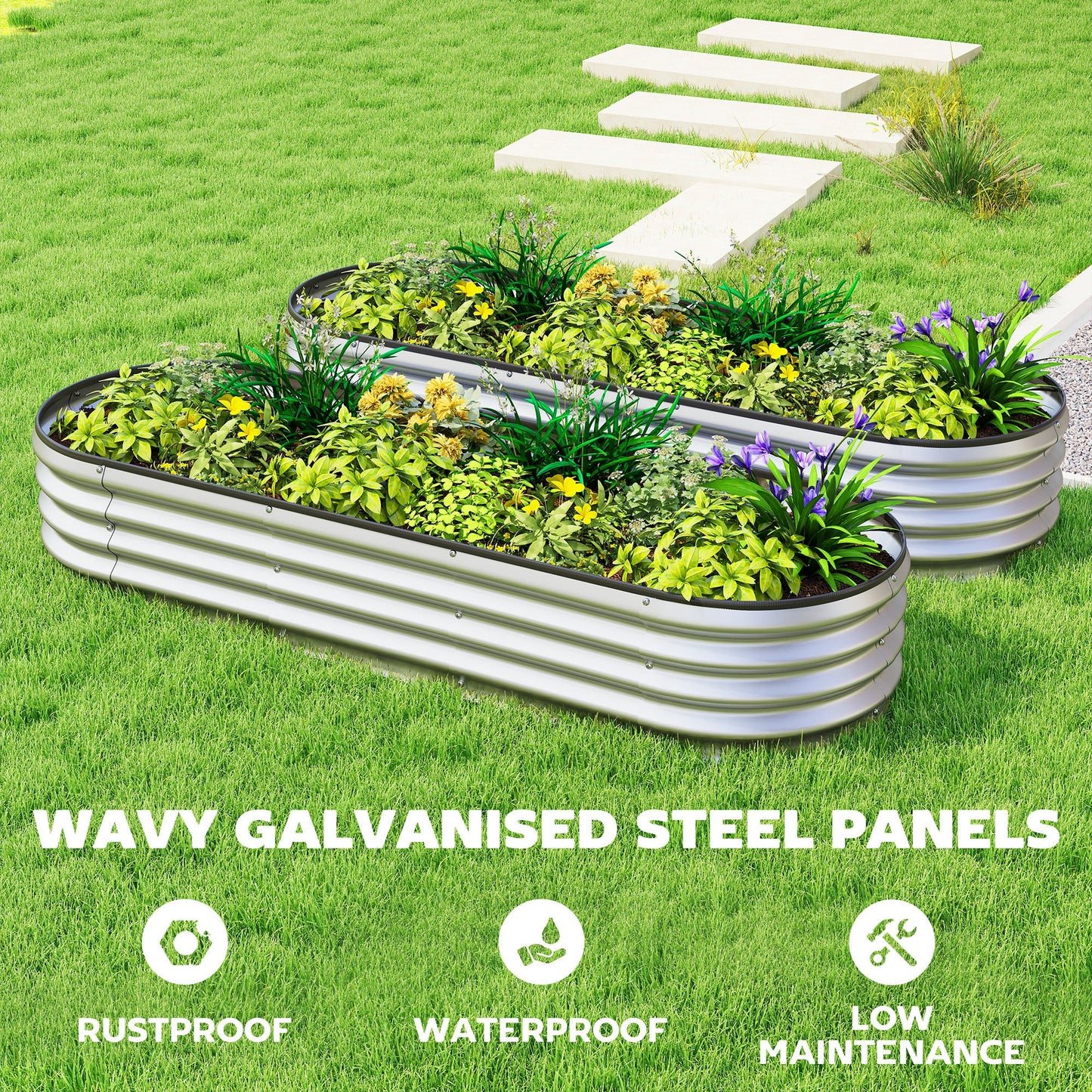 2Pcs Galvanized Raised Garden Bed, 6 x 2 x 1 ft Modular Metal Garden Beds with Rubber Strip Edging, Oval Outdoor Planter Box for Vegetables, Flowers, Herbs, Silver