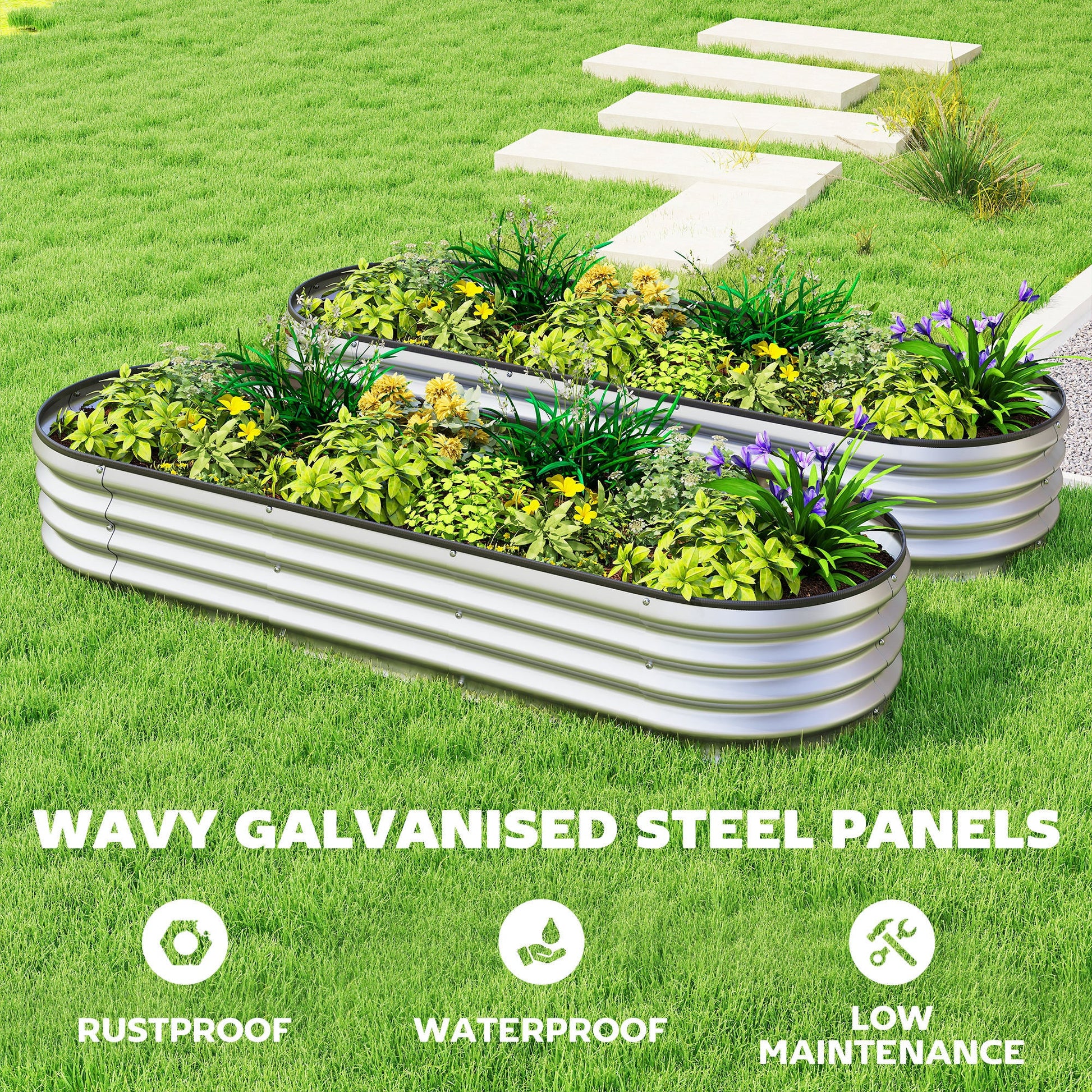 2Pcs Galvanized Raised Garden Bed, 6 x 2 x 1 ft Modular Metal Garden Beds with Rubber Strip Edging, Oval Outdoor Planter Box for Vegetables, Flowers, Herbs, Silver