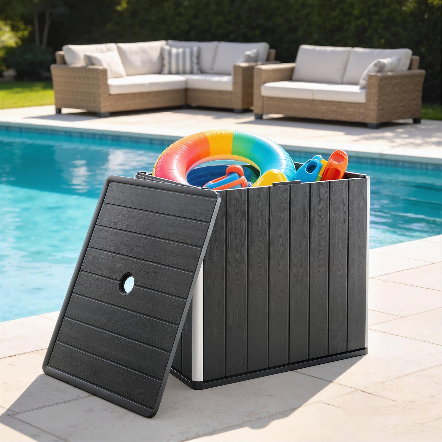 30 Gallon Outdoor Storage Box, Outdoor Side Table with Umbrella Holder, HDPE Deck Box Garden Storage Container for Balcony, Porch, Poolside