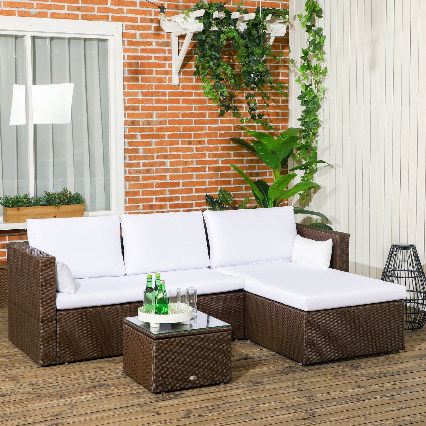 3-Piece Patio Furniture Set Modern Sectional Sofa Rattan Chair Wicker Conversation Set Outdoor Hand Woven Rattan Wicker Furniture Patio Coffee Table Sofa Set, White