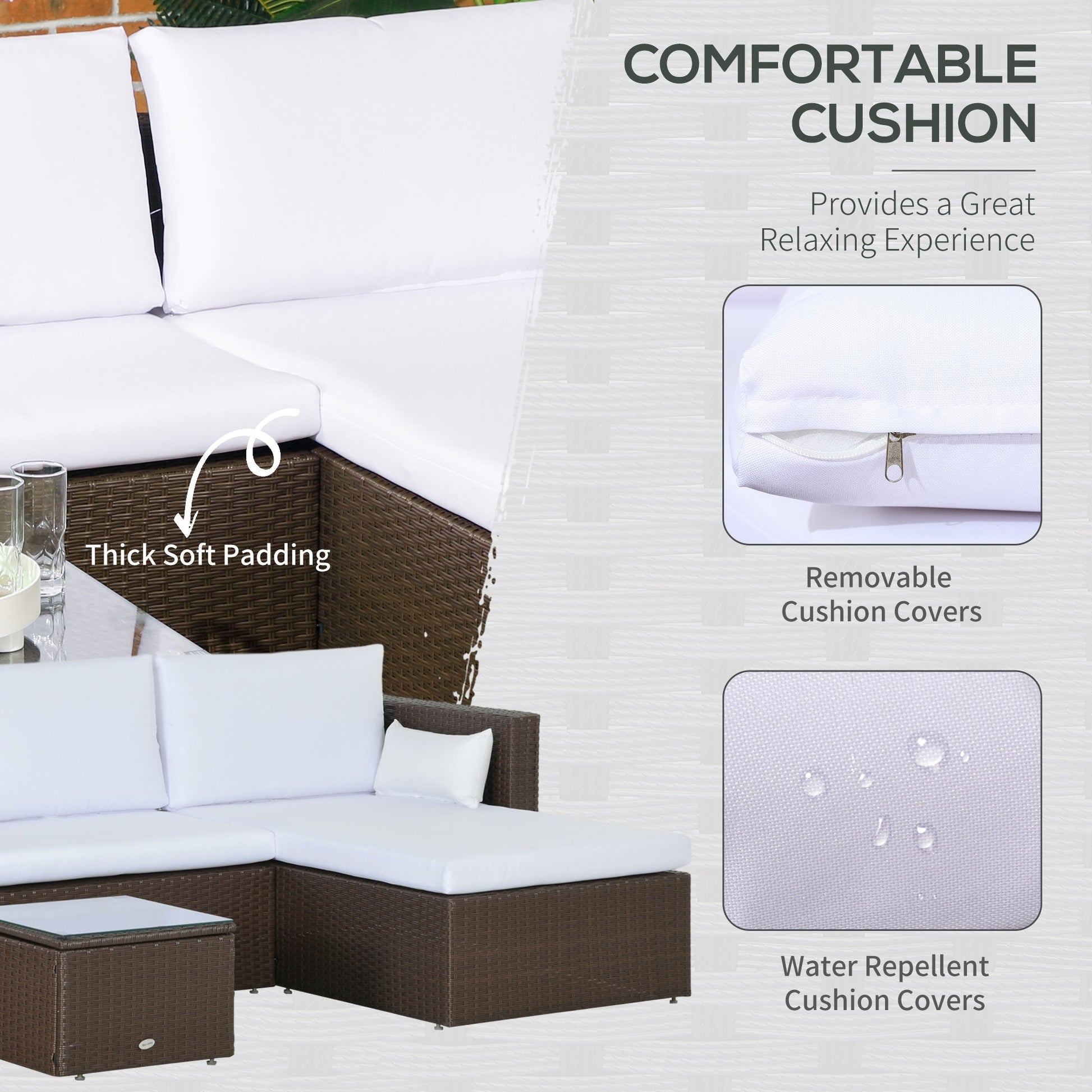 3-Piece Patio Furniture Set Modern Sectional Sofa Rattan Chair Wicker Conversation Set Outdoor Hand Woven Rattan Wicker Furniture Patio Coffee Table Sofa Set, White