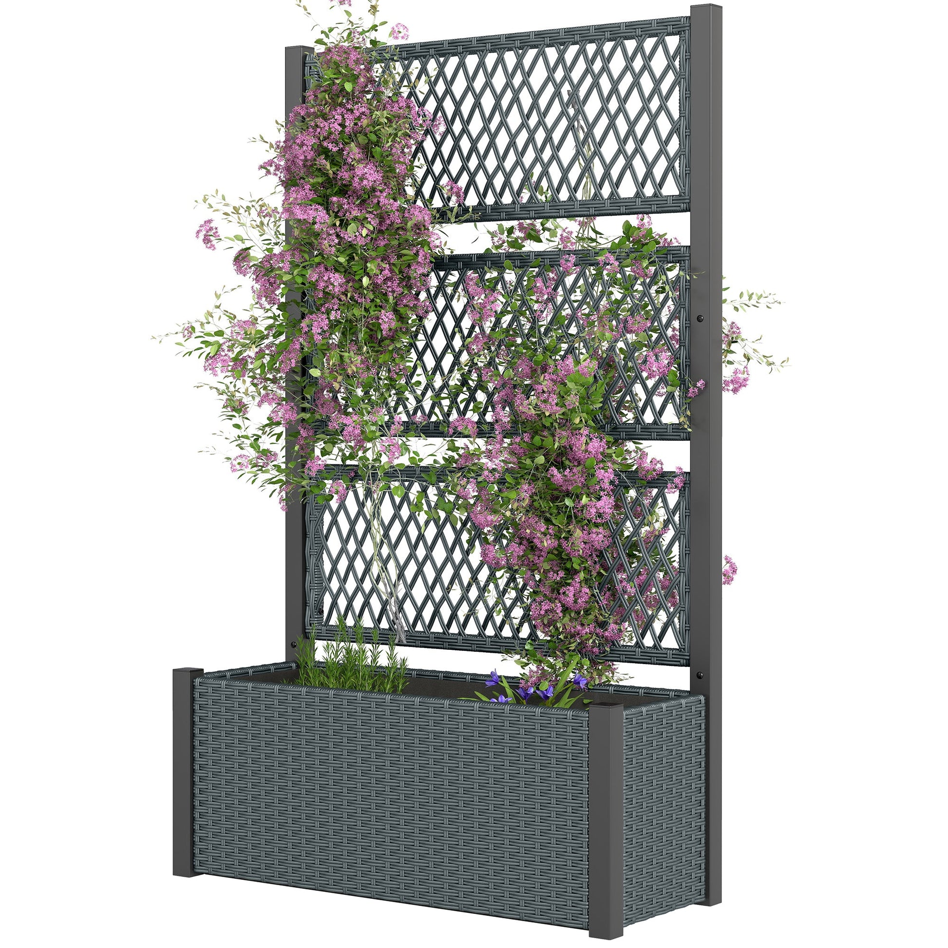 Wicker Outdoor Planter with Trellis, 58" Standing Raised Garden Bed with Liner, Drainage Holes, Privacy Screen Planter Box for Climbing Plants, Flowers, Dark Grey