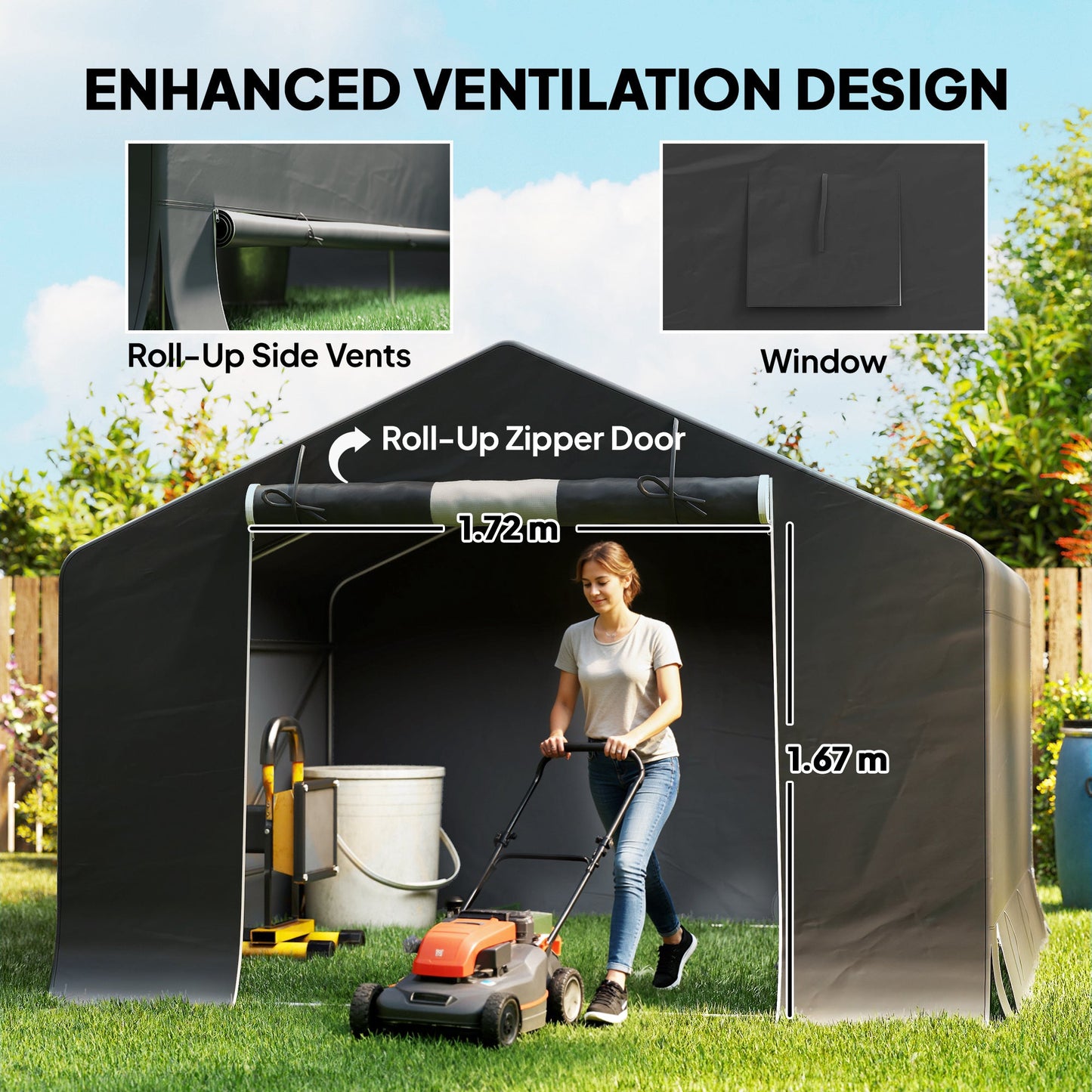 10' x 10' Portable Shed, Waterproof Bike Tent with Roll-up Zipper Door, Reinforced Galvanised Metal Frame, Outdoor Storage Shed for Bike Motorcycle Garden Tool, Dark Grey