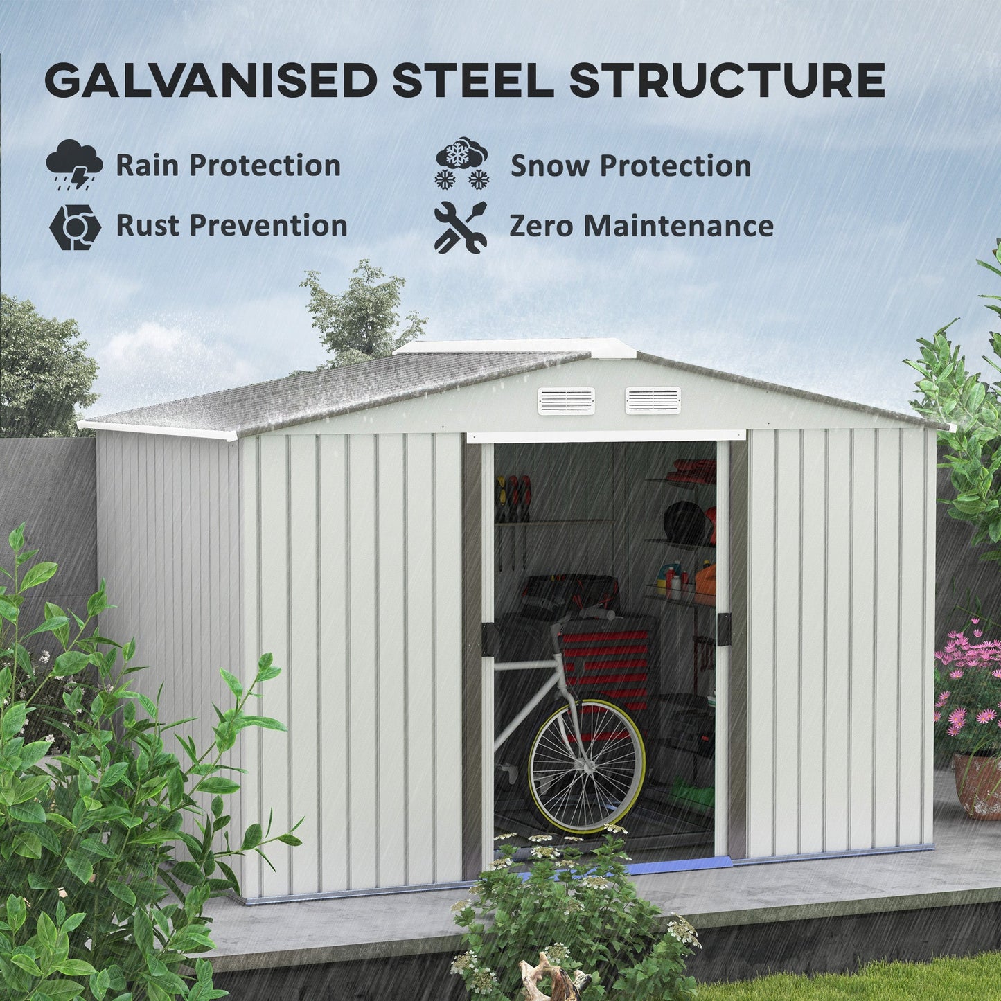 9' x 6' Garden Storage Shed with Foundation Kit, Metal Tool Storage House with Double Doors for Outdoor Patio Yard, Silver