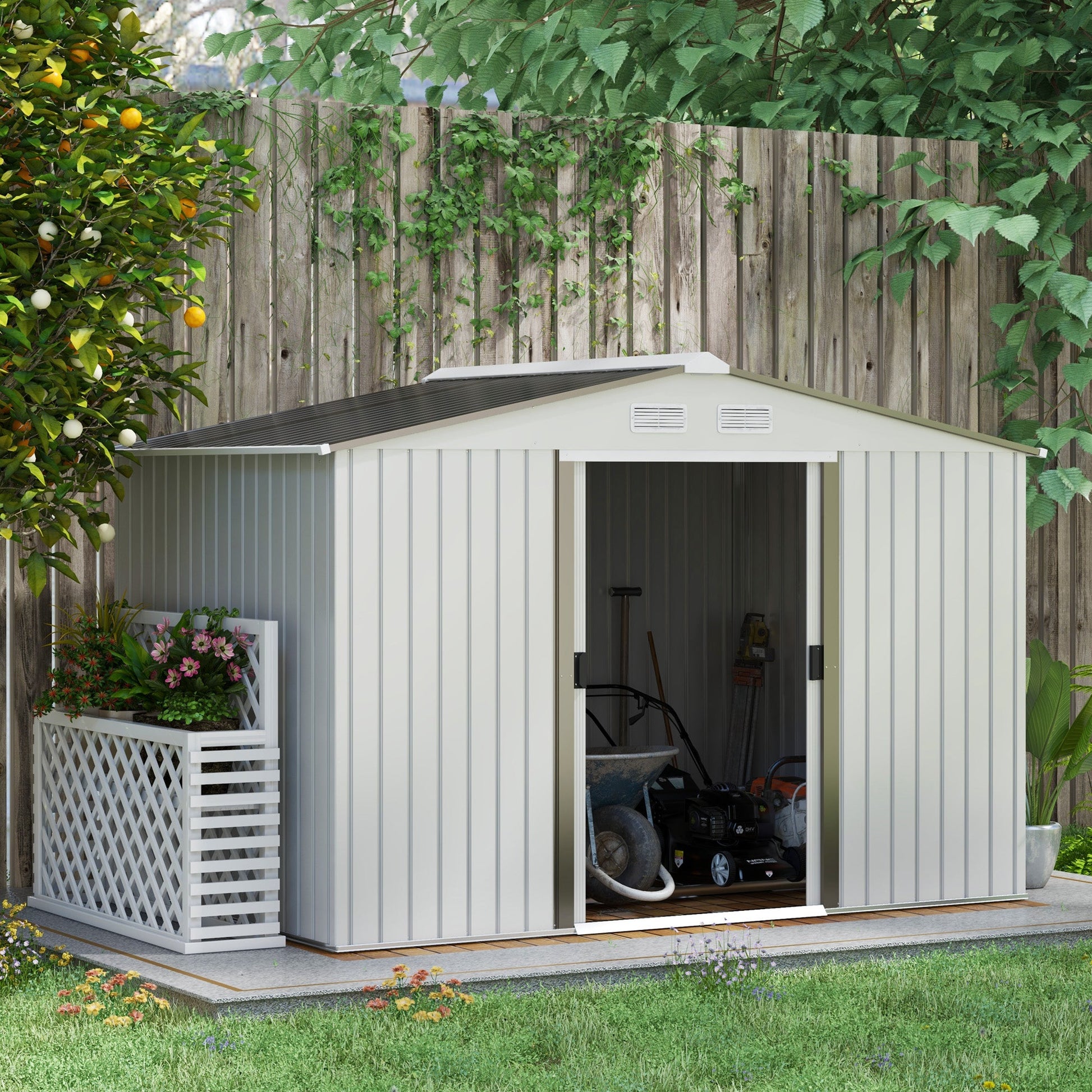 9' x 6' Garden Storage Shed with Foundation Kit, Metal Tool Storage House with Double Doors for Outdoor Patio Yard, Silver
