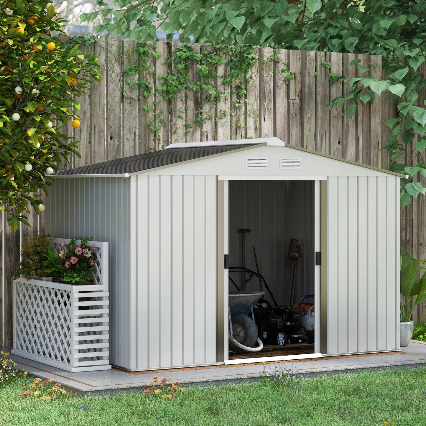 9' x 6' Garden Storage Shed with Foundation Kit, Metal Tool Storage House with Double Doors for Outdoor Patio Yard, Silver