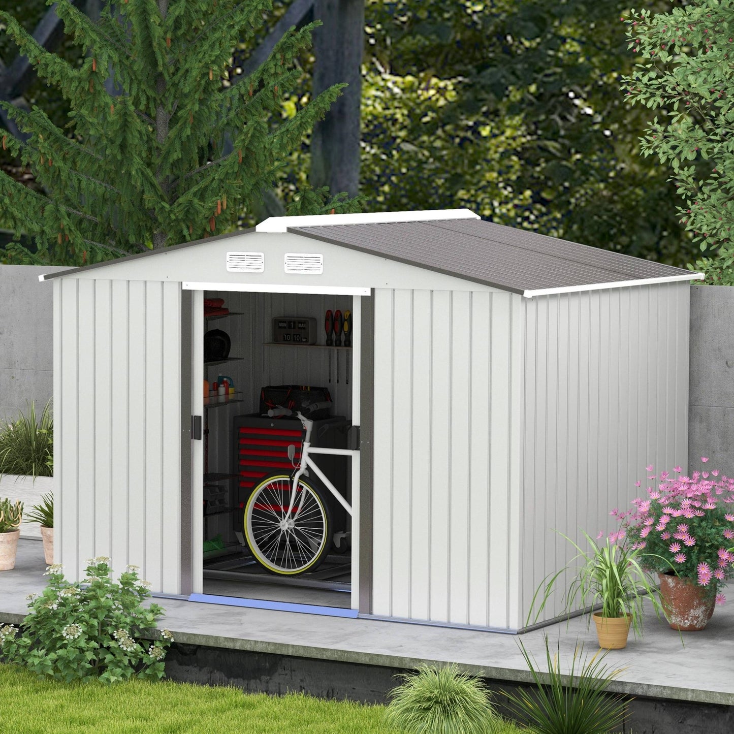 9' x 6' Garden Storage Shed with Foundation Kit, Metal Tool Storage House with Double Doors for Outdoor Patio Yard, Silver