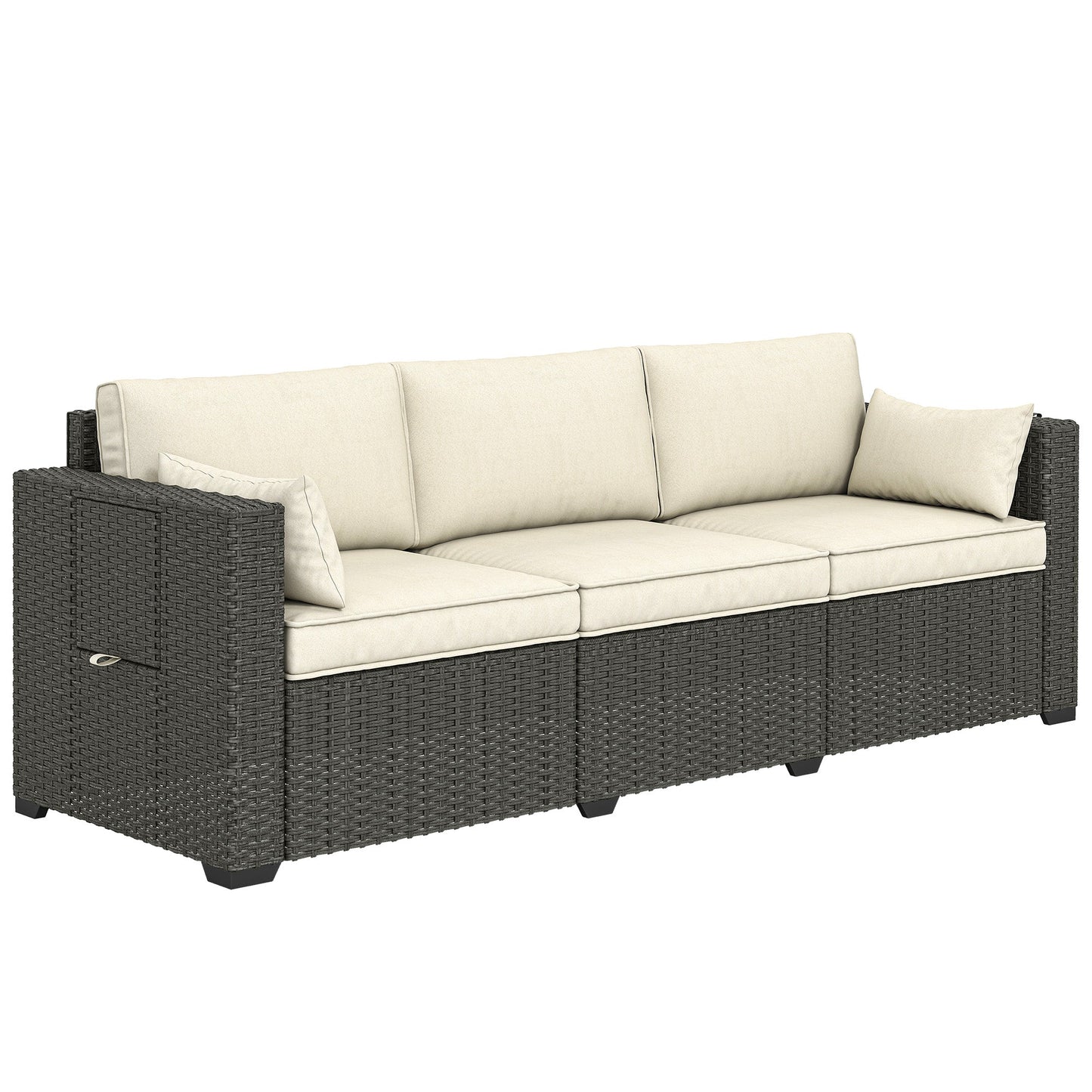 3 Seater Wicker Outdoor Sofa with Side Tray Tables, Poly Rattan Patio Sofa Couch with 6" Thick Back Cushions, Outdoor Couch with Deep Seat, Pillows for Garden, Cream White