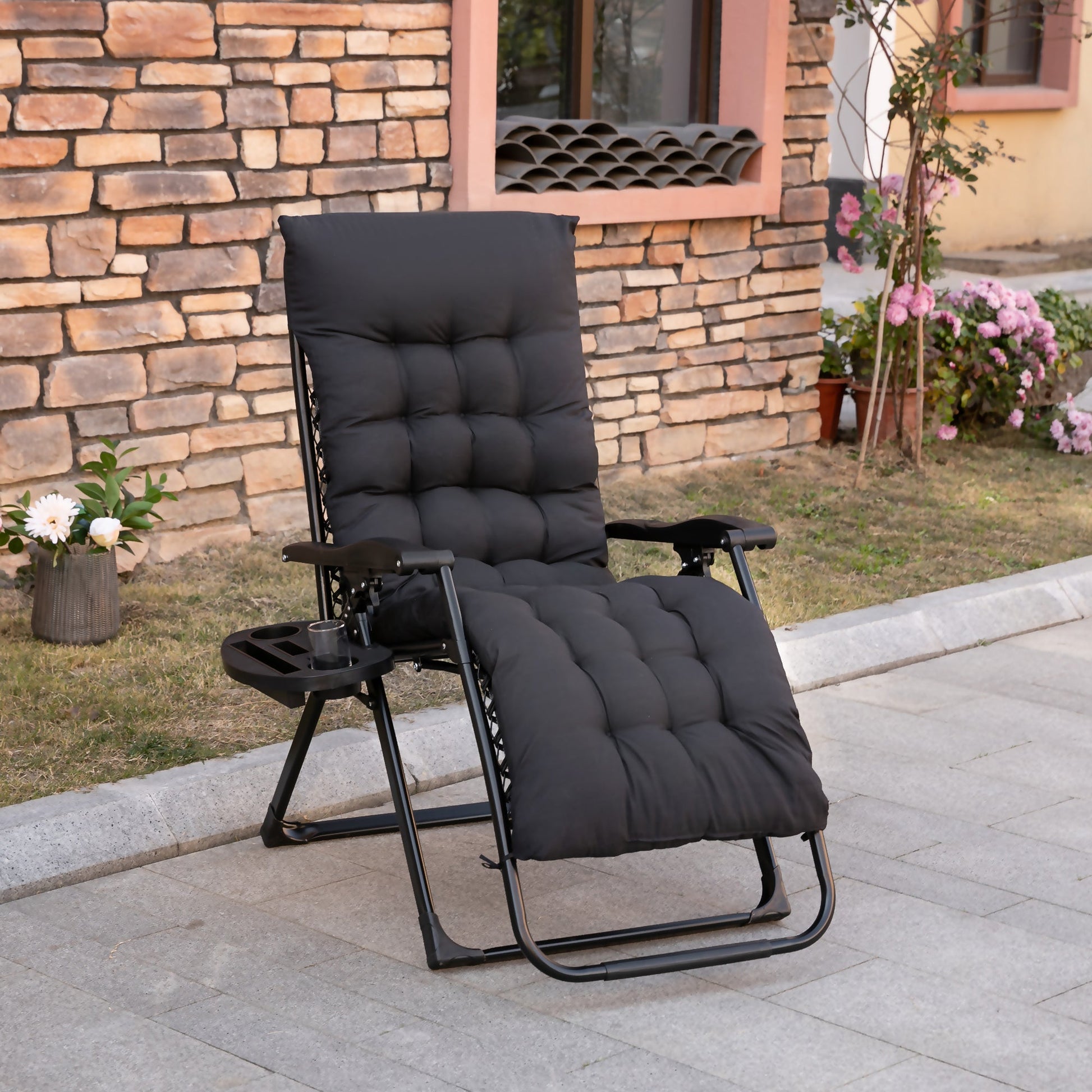 Padded Zero Gravity Chair, Folding Recliner Chair, Patio Lounger with Cup Holder, Headrest, Adjustable Backrest, Removable Cushion for Outdoor, Patio, Deck, Black