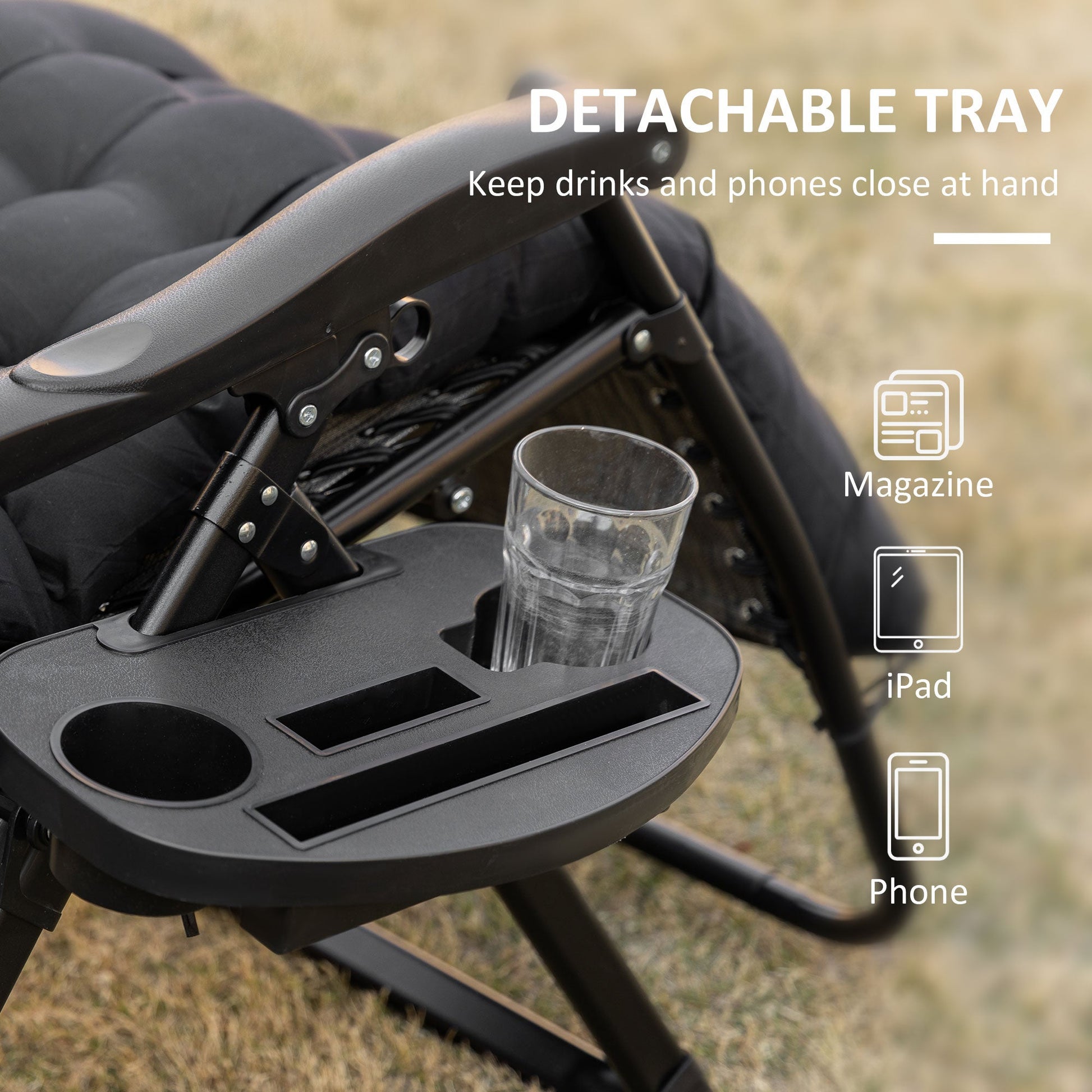 Padded Zero Gravity Chair, Folding Recliner Chair, Patio Lounger with Cup Holder, Headrest, Adjustable Backrest, Removable Cushion for Outdoor, Patio, Deck, Black