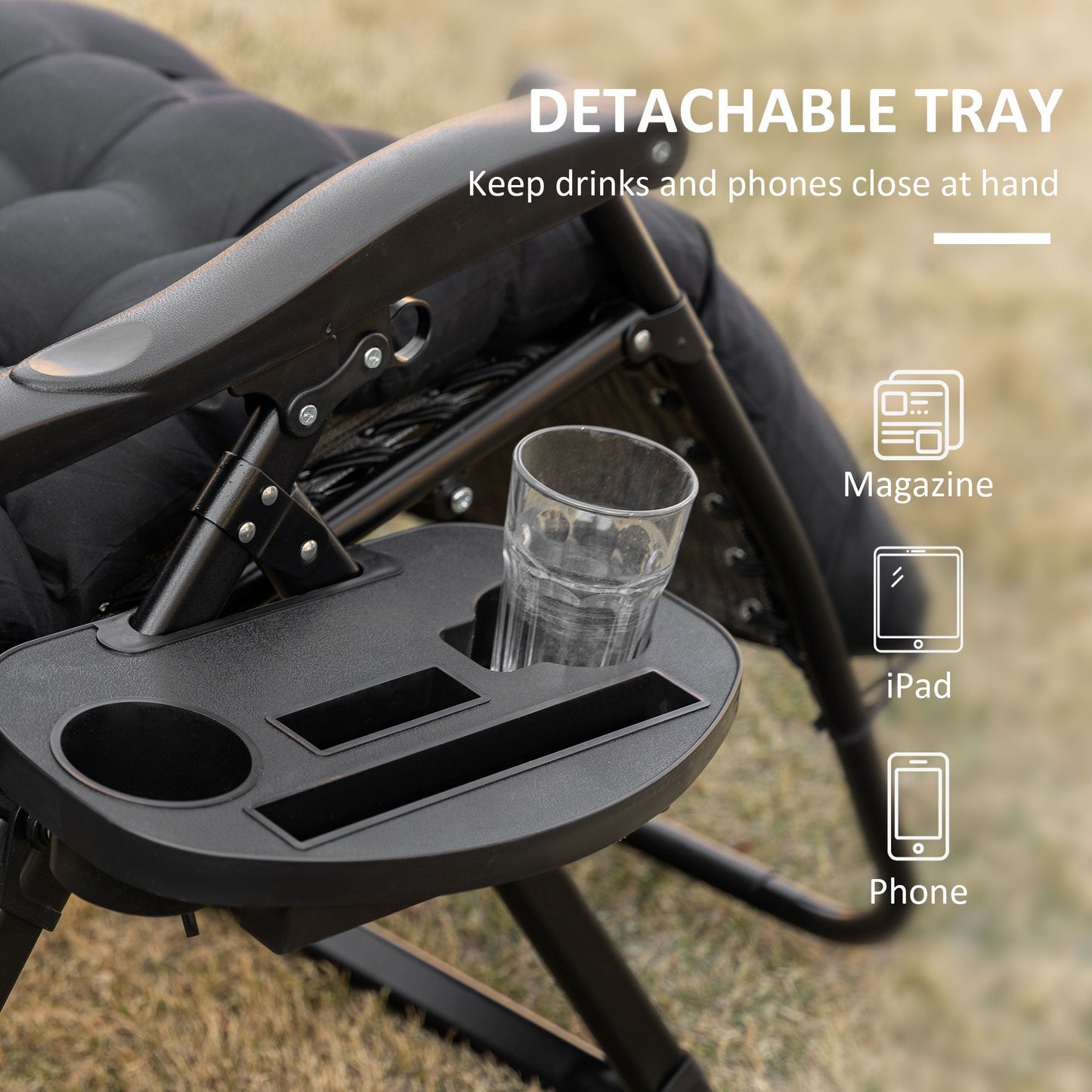 Padded Zero Gravity Chair, Folding Recliner Chair, Patio Lounger with Cup Holder, Headrest, Adjustable Backrest, Removable Cushion for Outdoor, Patio, Deck, Black