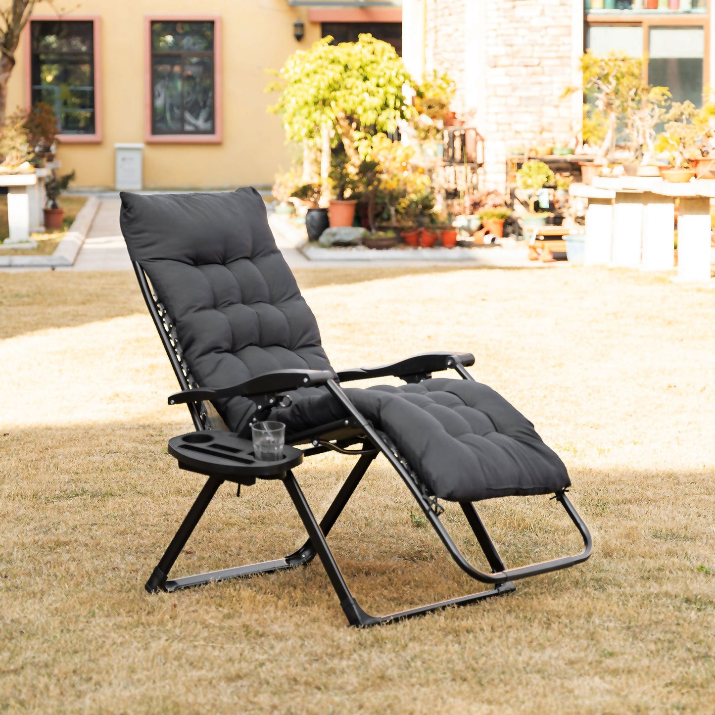 Padded Zero Gravity Chair, Folding Recliner Chair, Patio Lounger with Cup Holder, Headrest, Adjustable Backrest, Removable Cushion for Outdoor, Patio, Deck, Black