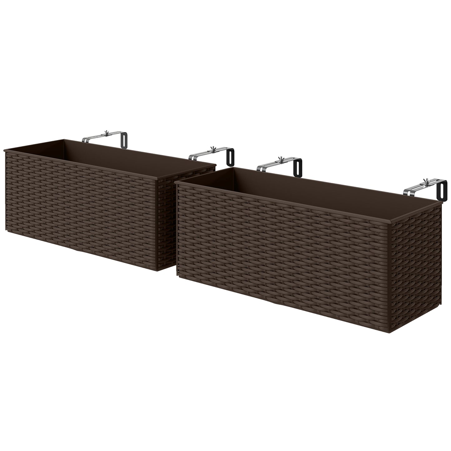 2 Pack Railing Planter Box, 20 Inch Hanging Flower Pots with Hooks and Drainage Hole, Rectangular Planters for Fence, Balcony, Garden, Patio, Rattan Look, Brown